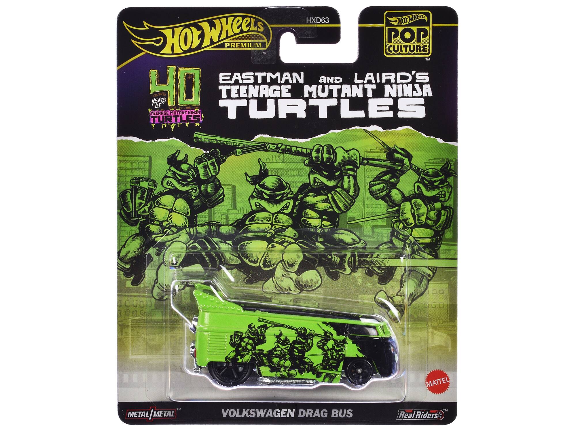 HXD63 HOT WHEELS PREMIUM POP CULTURE 40 YEARS OF TEENAGE MUTANT NINJA TURTLES EASTMAN AND LAIRD'S TEENAGE MUTANT NINJA TURTLES 0 MATTEL METAL METAL METAL METAL VOLKSWAGEN DRAG BUS TM Real Riders