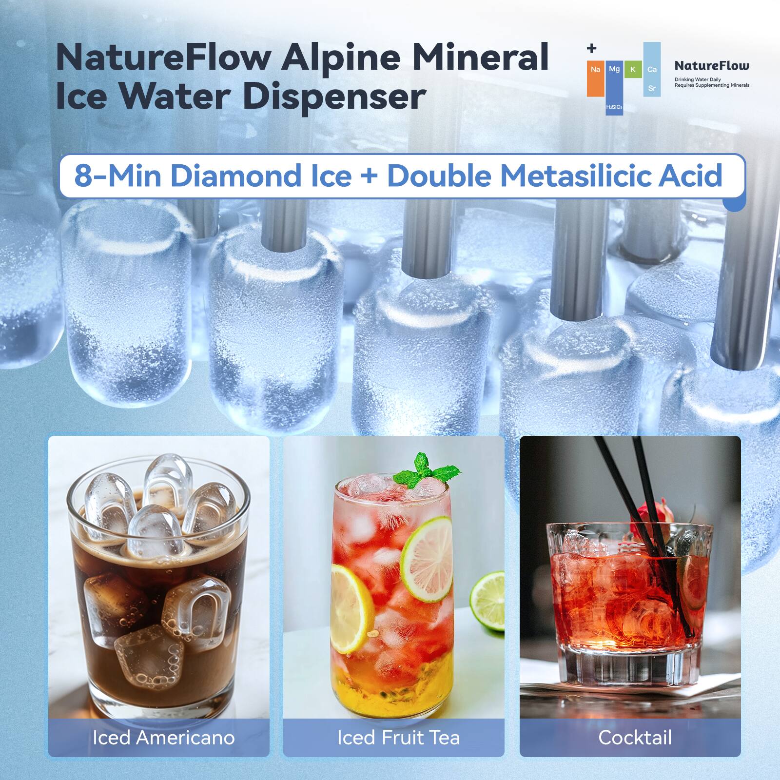 NatureFlow Alpine Mineral Ice Water Dispenser

8-Min Diamond Ice + Double Metasilicic Acid

Iced Americano
Iced Fruit Tea
Cocktail