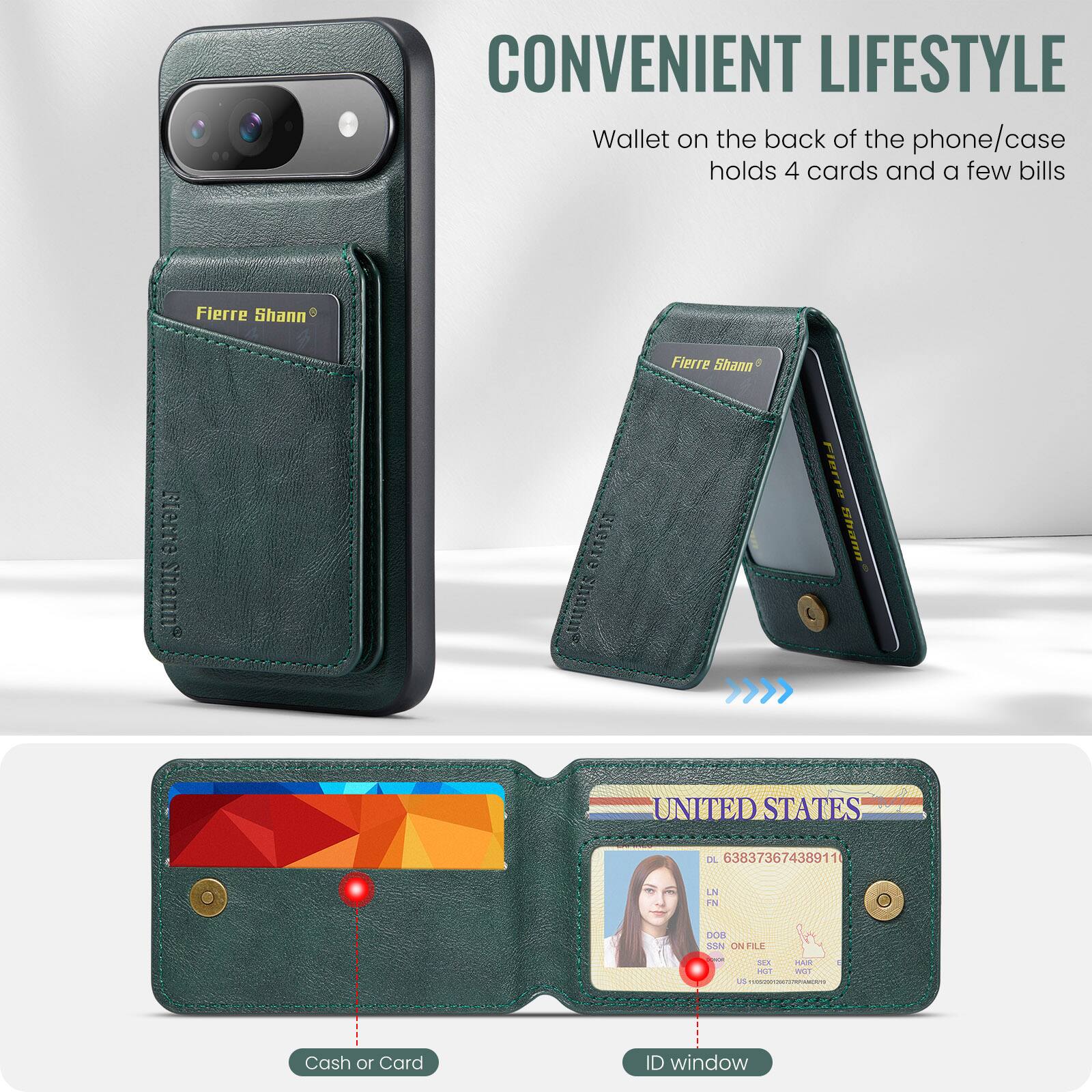 CONVENIENT LIFESTYLE  
Wallet on the back of the phone/case holds 4 cards and a few bills  

Fierre Shann  

UNITED STATES  
DL 638373674389111  
LN  
DOB  
SSN ON FILE  
A M  
Cash 10  
Card ID window
