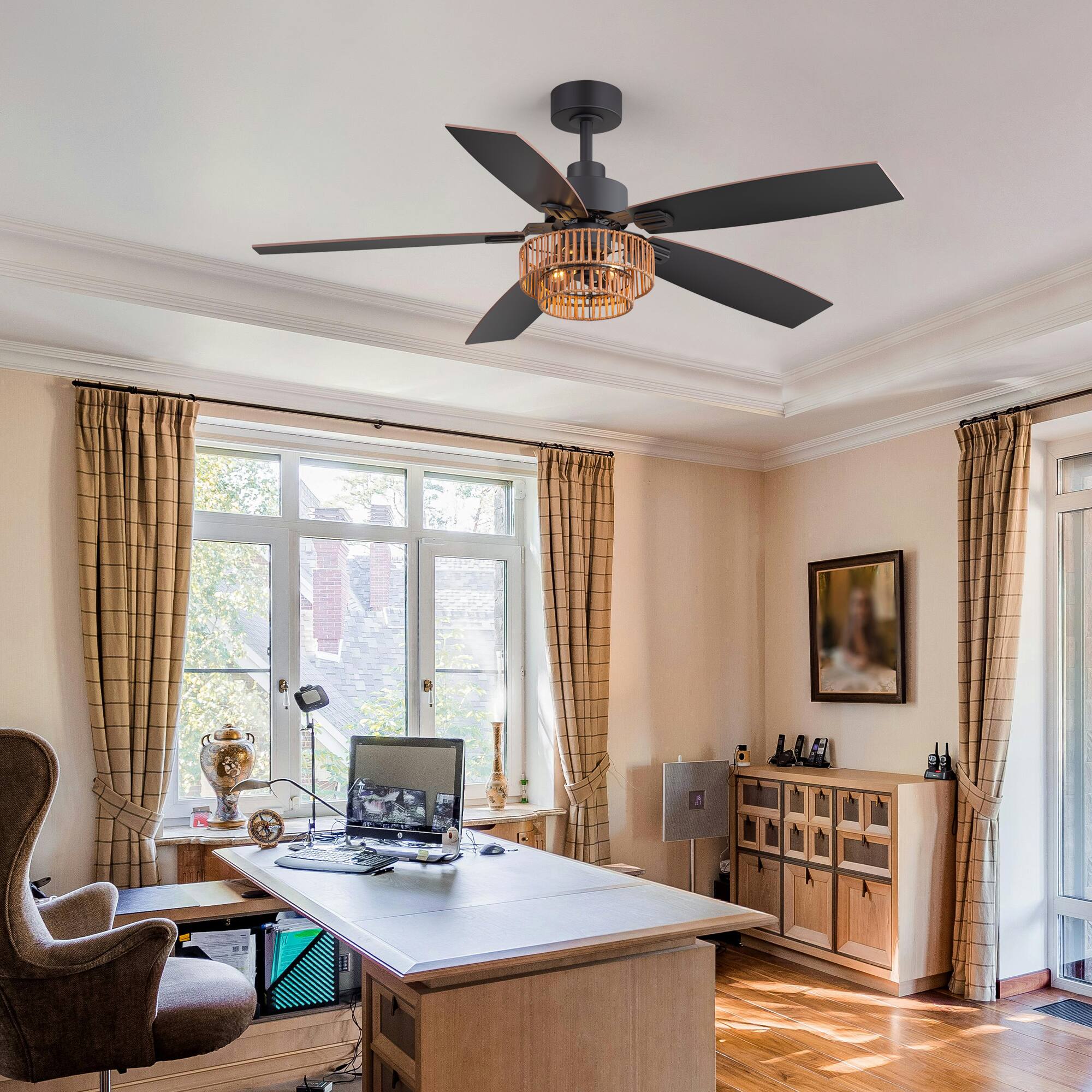 Alt View 1. Breezary - 52-in Ceiling Fan with Two-Tier Rattan Basket Shade, Dual-finish blades, Timer, DC Motor, Remote & 6″ Downrod - Black and Deep Walnut.