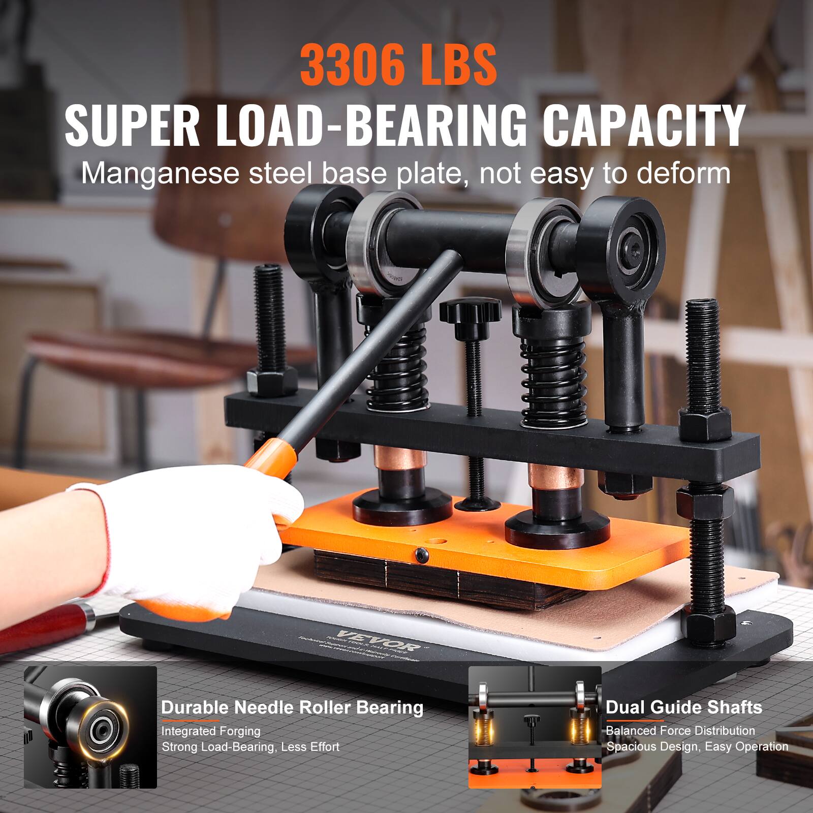3306 LBS SUPER LOAD-BEARING CAPACITY  
Manganese steel base plate, not easy to deform

Durable Needle Roller Bearing  
Integrated Forging  
Strong Load-Bearing, Less Effort

Dual Guide Shafts  
Balanced Force Distribution  
Spacious Design, Easy Operation