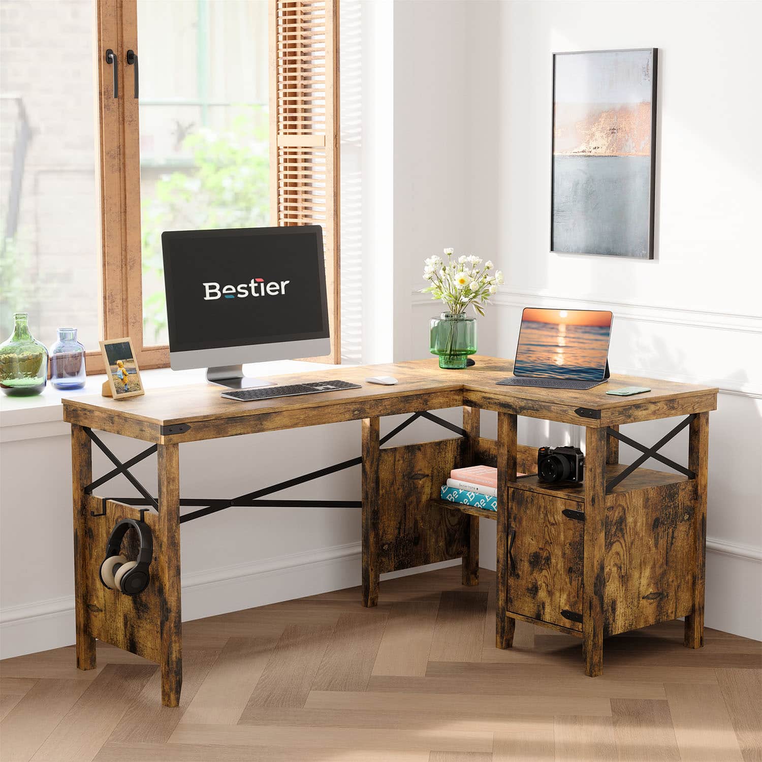 Front. Bestier - 60"Reversible Farmhouse L Shaped Desk with Storage Cabinet,Bookshelf & Headphone Hook,Rustic Home Office & Gaming Desk - Brown.