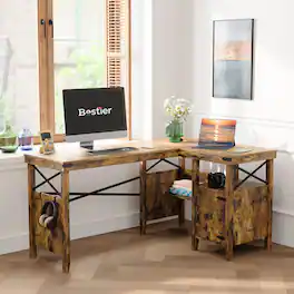 Bestier - 60"Reversible Farmhouse L Shaped Desk with Storage Cabinet,Bookshelf & Headphone Hook,Gaming & Home Office Desk - Brown