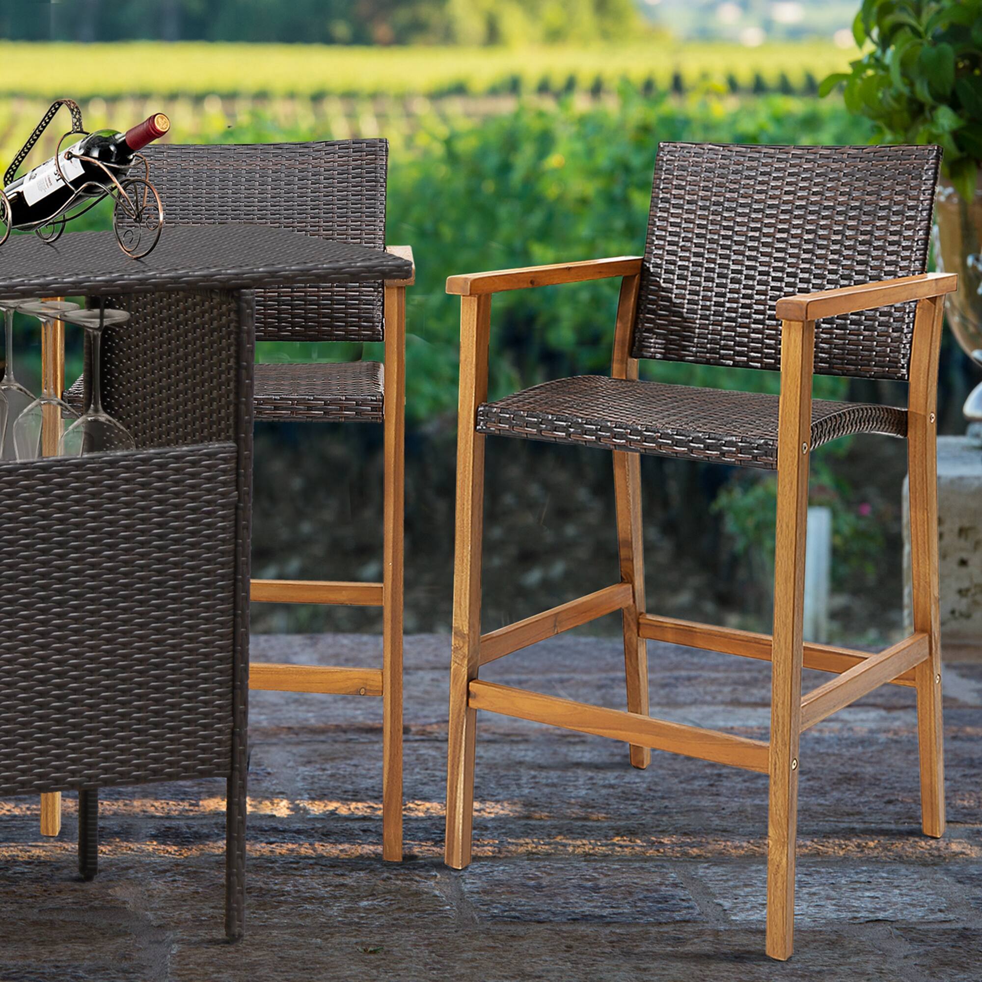 Alt View 2. Costway - Costway 4PCS Patio PE Wicker Bar Chairs Height Barstools with Acacia Wood Armrests Balcony - Teak,Brown.