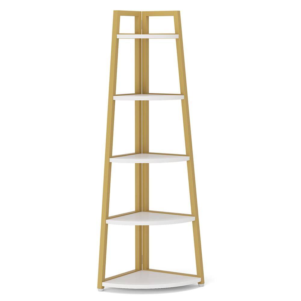 Back. Kadyn - Kadyn Bookshelf, Storage Shelf, Bookcase,5-Tier Corner Shelf, 70" Tall Corner Ladder Shelf Small Bookshelf,Gold & White - Gold & White.