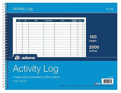 Activity Log  
S1185  

100 pages  
2000 entries  

Activity Log  
keep track of activities or office visitors  
11" x 8 1/2"  

adams