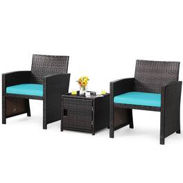 Costway - 3PCS Patio Wicker Furniture Set Storage Table W/Protect Cover - Turquoise,Mix Brown