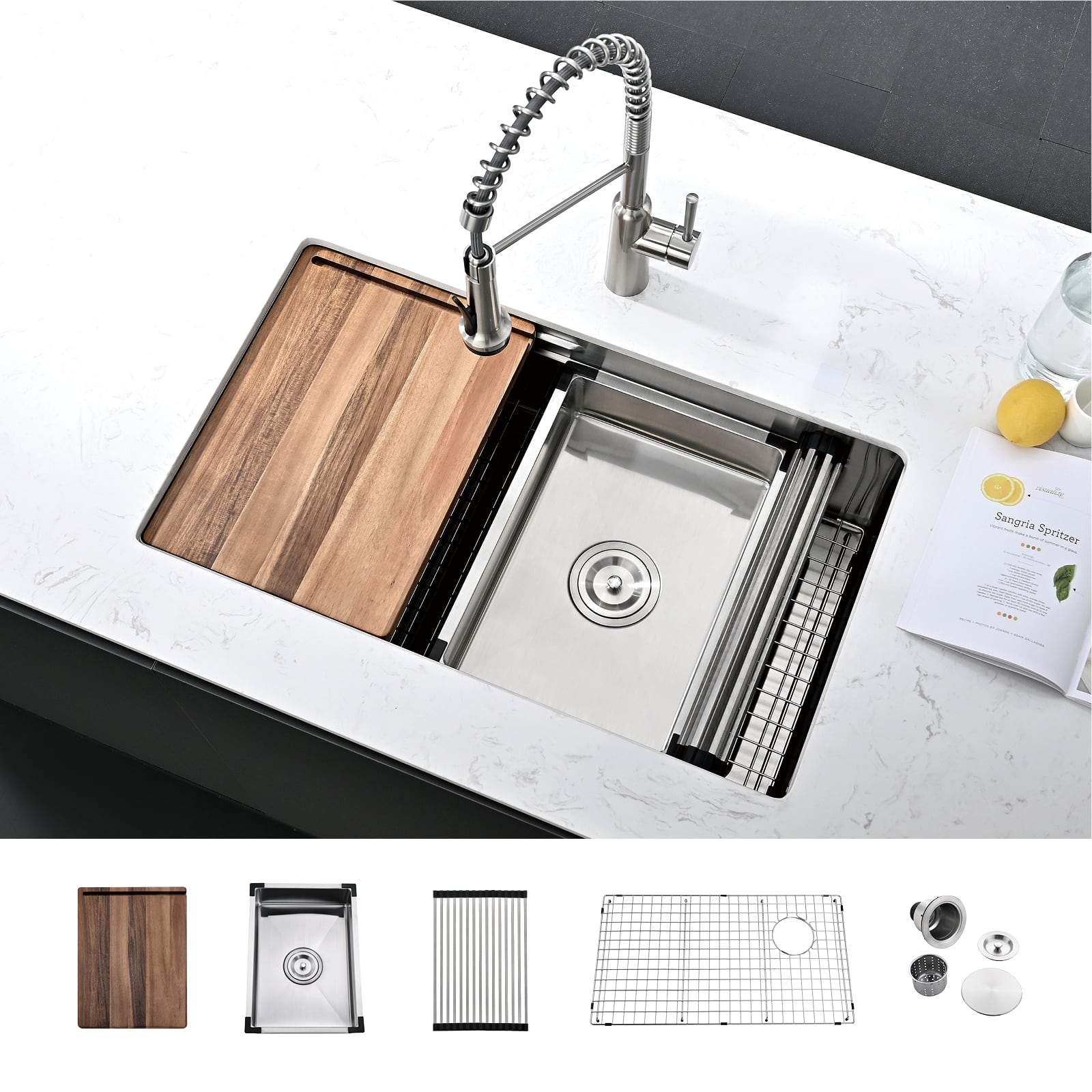 Akicon - 32 in. Undermount Workstation Single Bowl 18-Gauge Stainless Steel Kitchen Sink with Grid, Board and Accessories - Silver