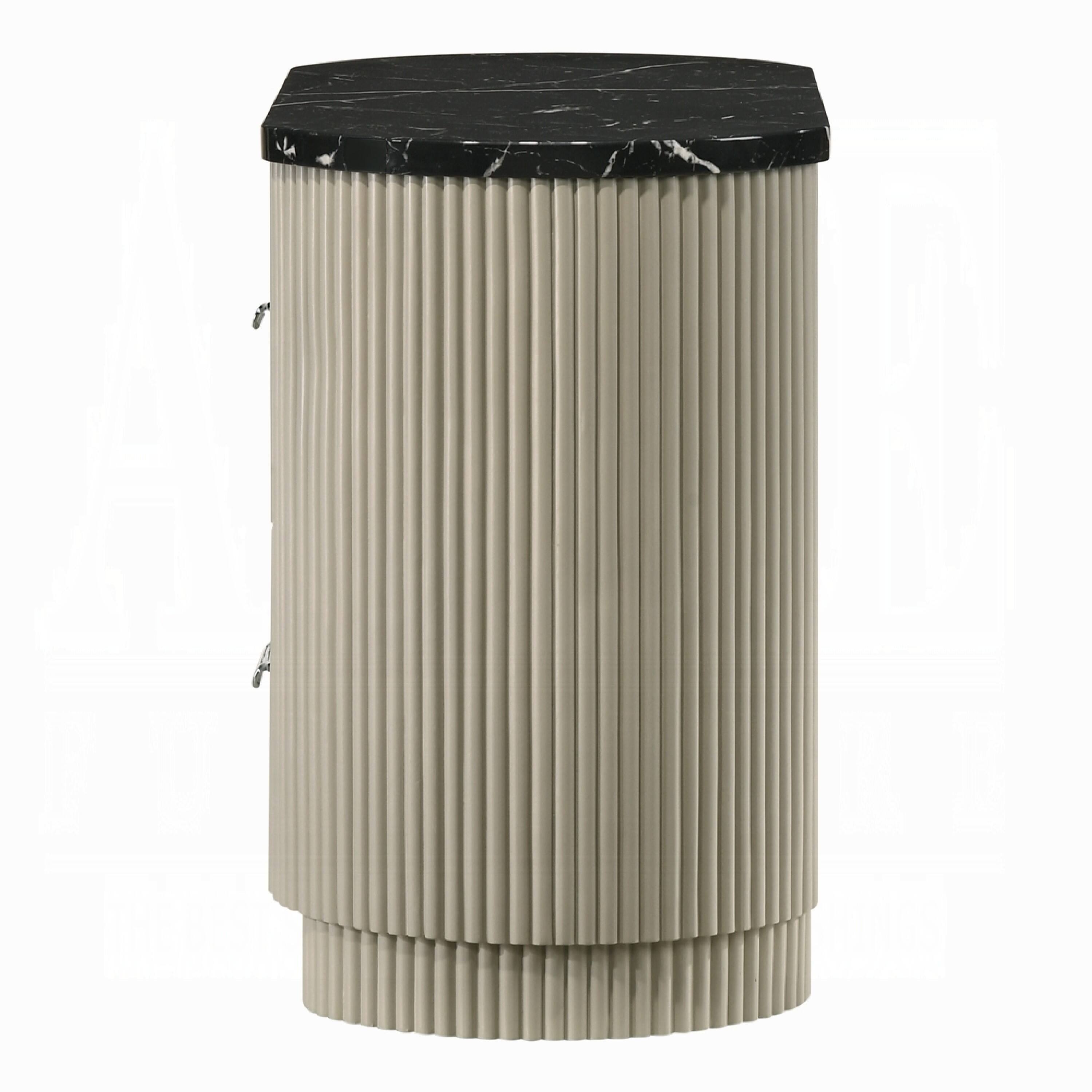 Left. Manhattan Lane - Trex Nightstand, 2 Reeded Drawers with Faux Marble Oval Top - Beige, Black, Silver.