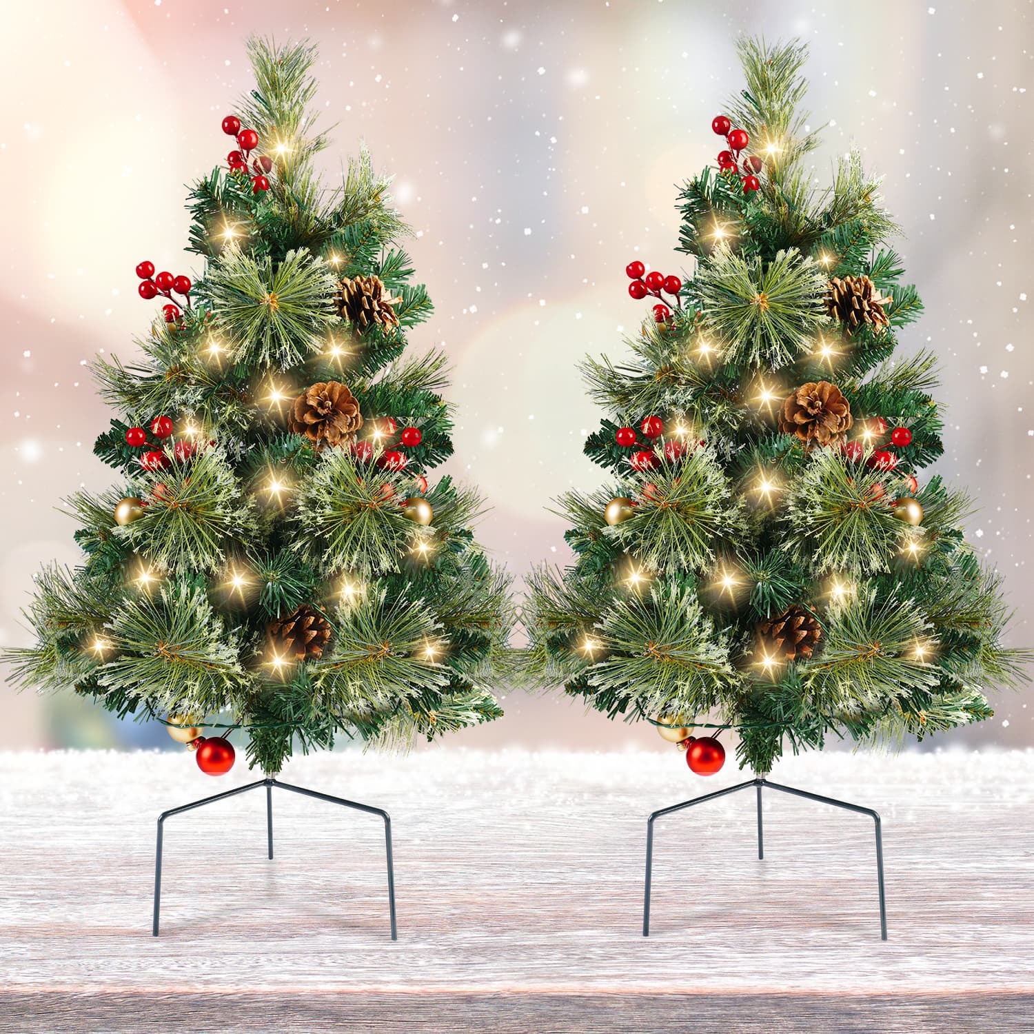 MOVSSOU - 24in Mini Christmas Trees Set of 2 Artificial Christmas Trees Pre Lit 30 LED Lights Pine Berries Xmas Decor - Green