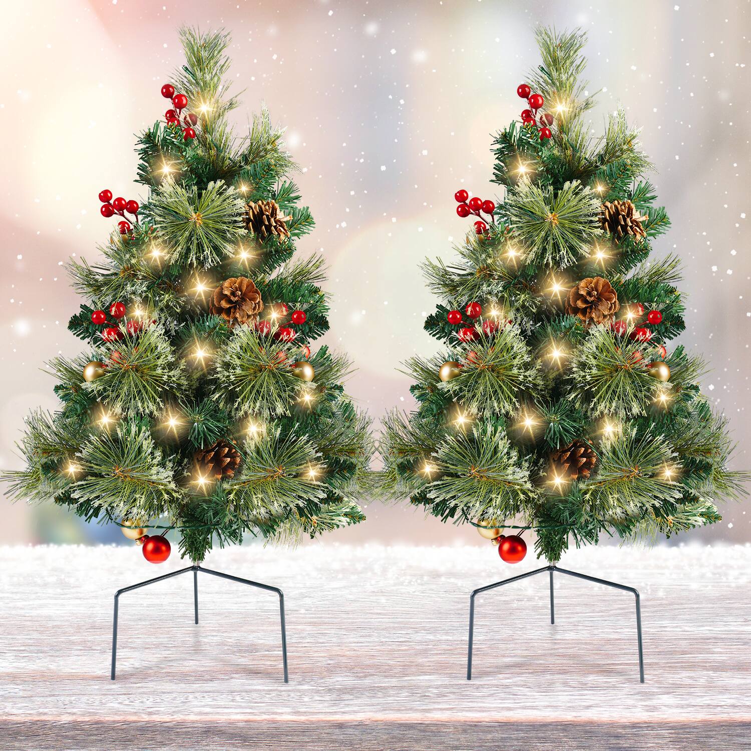 MOVSSOU - 24in Mini Christmas Trees Set of 2 Artificial Christmas Trees Pre Lit 30 LED Lights Pine Berries Xmas Decor - Green