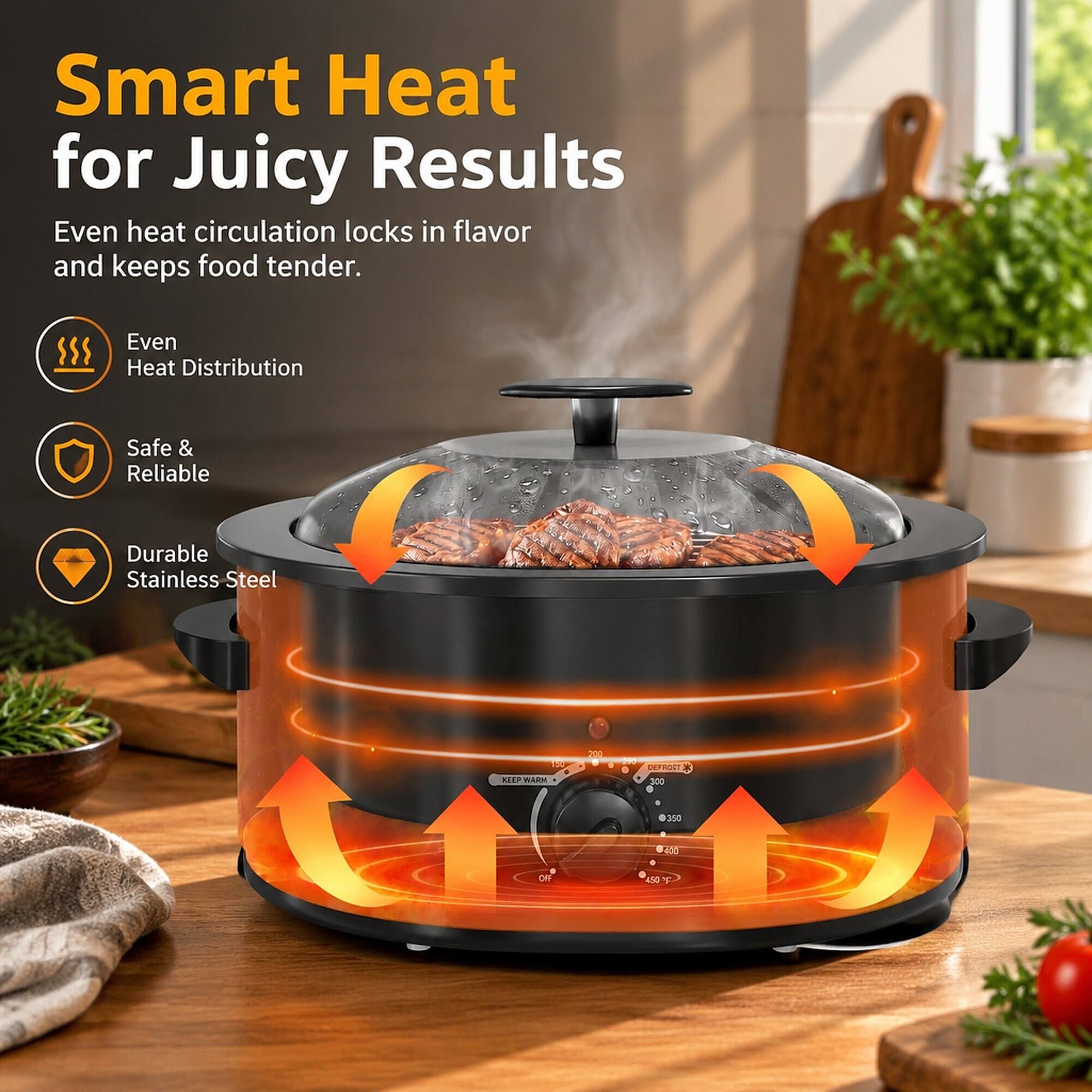 Smart Heat for Juicy Results  
Even heat circulation locks in flavor and keeps food tender.  

Even Heat Distribution  
Safe & Reliable  
Durable Stainless Steel  

150 KEEP WARM  
200  
DEFROST 300  
350  
400  
OFF  
450 F