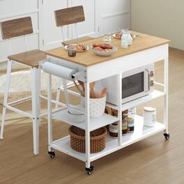 Songmics Home - Kitchen Rolling Island, Mobile Kitchen Cart with Storage on Wheels, 17.7 x 38.8 x 35.4 Inches, Towel Rack, 2 Drawers - Oak Beige and Matte White