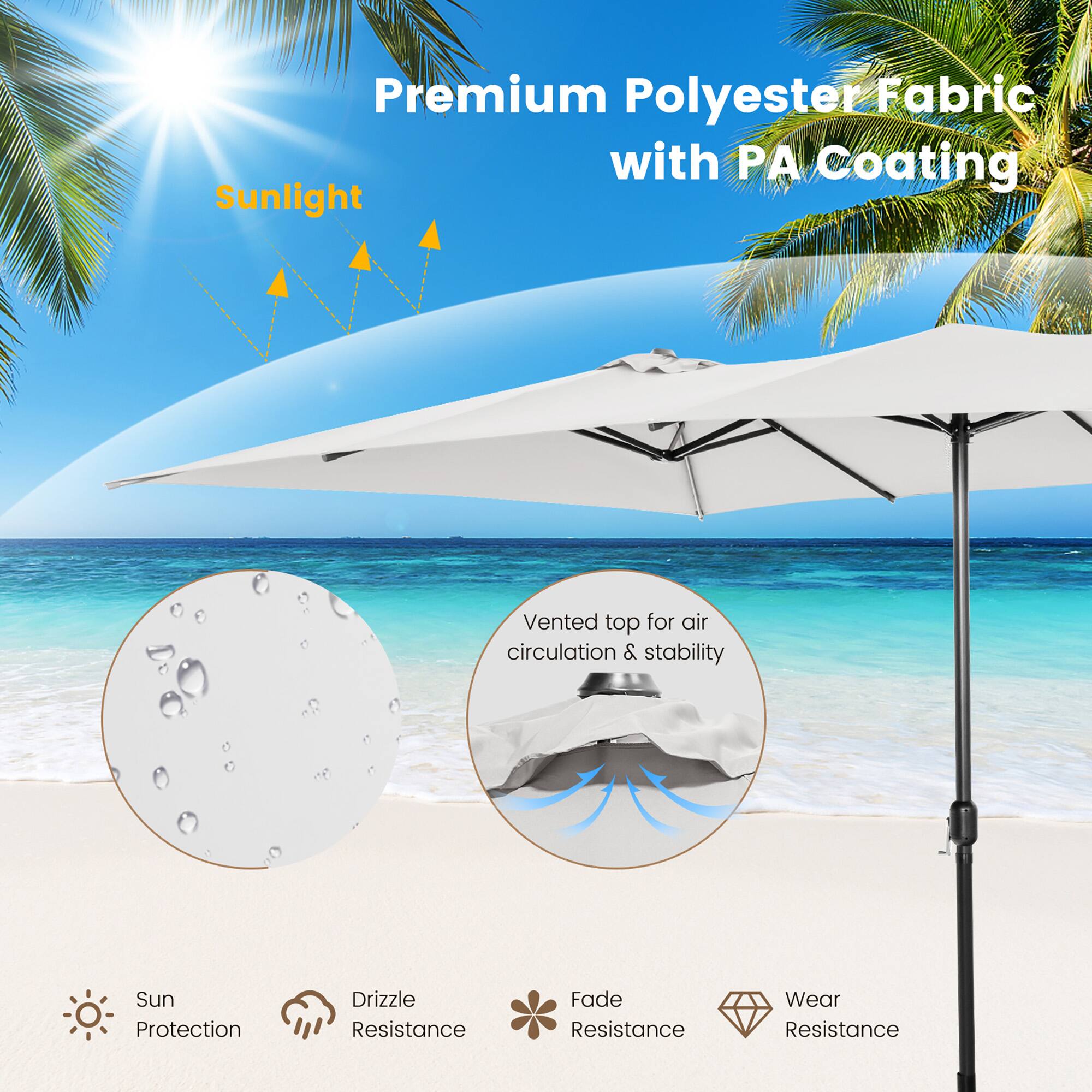 Premium Polyester Fabric with PA Coating, Sunlight, Vented top for air circulation & stability, Sun Protection, Drizzle Resistance, Fade Resistance, Wear Resistance