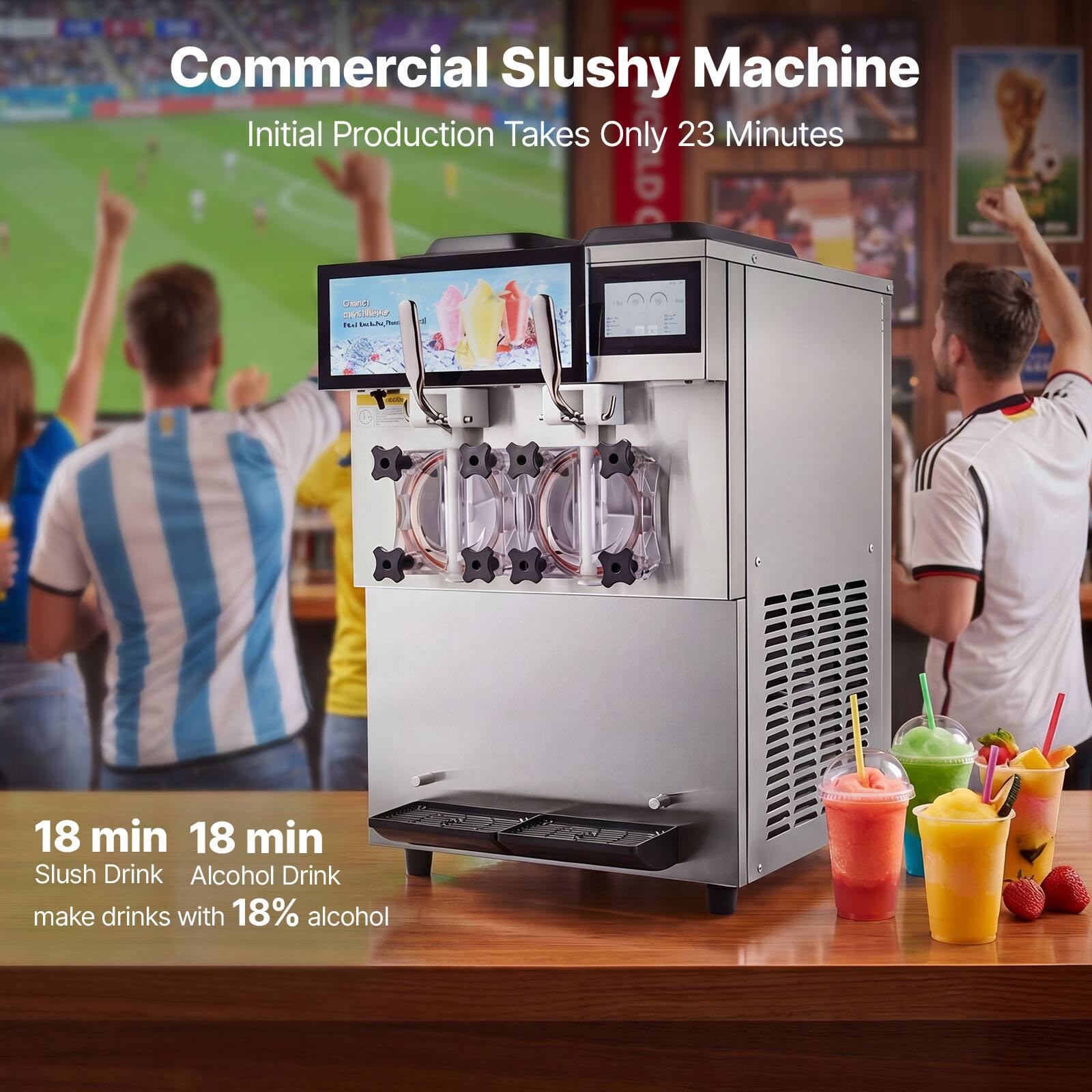 Commercial Slushy Machine  
Initial Production Takes Only 23 Minutes  

18 min  
Slush Drink  

18 min  
Alcohol Drink  
make drinks with 18% alcohol