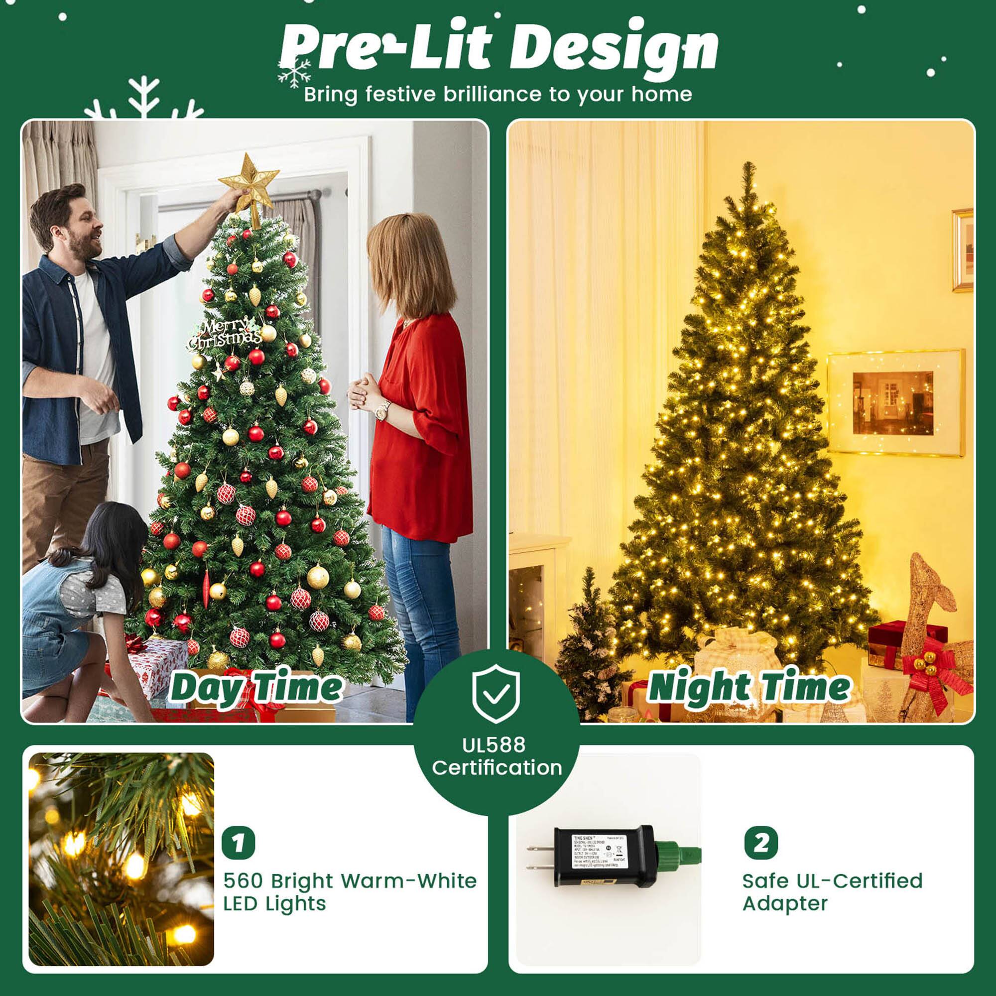Pre-Lit Design  
Bring festive brilliance to your home  

Day Time  
Night Time  

UL588 Certification  

1. 560 Bright Warm-White LED Lights  
2. Safe UL-Certified Adapter