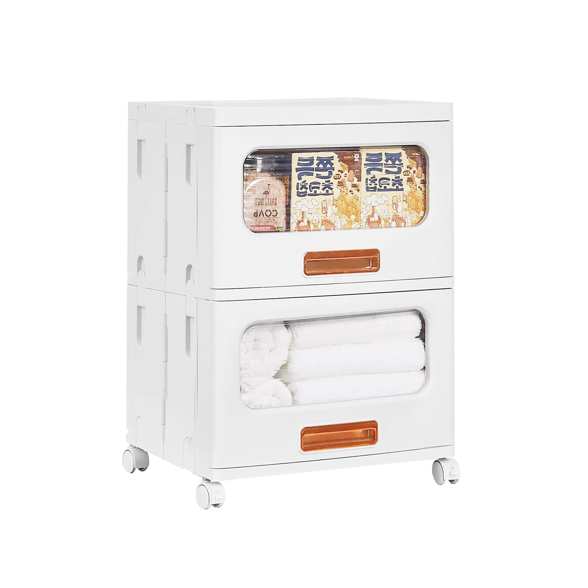 Vecelo - 2-Tier Foldable Drawer Storage Cabinet with Wheels, 1–3 Tier Plastic Rolling Storage Organizer - White