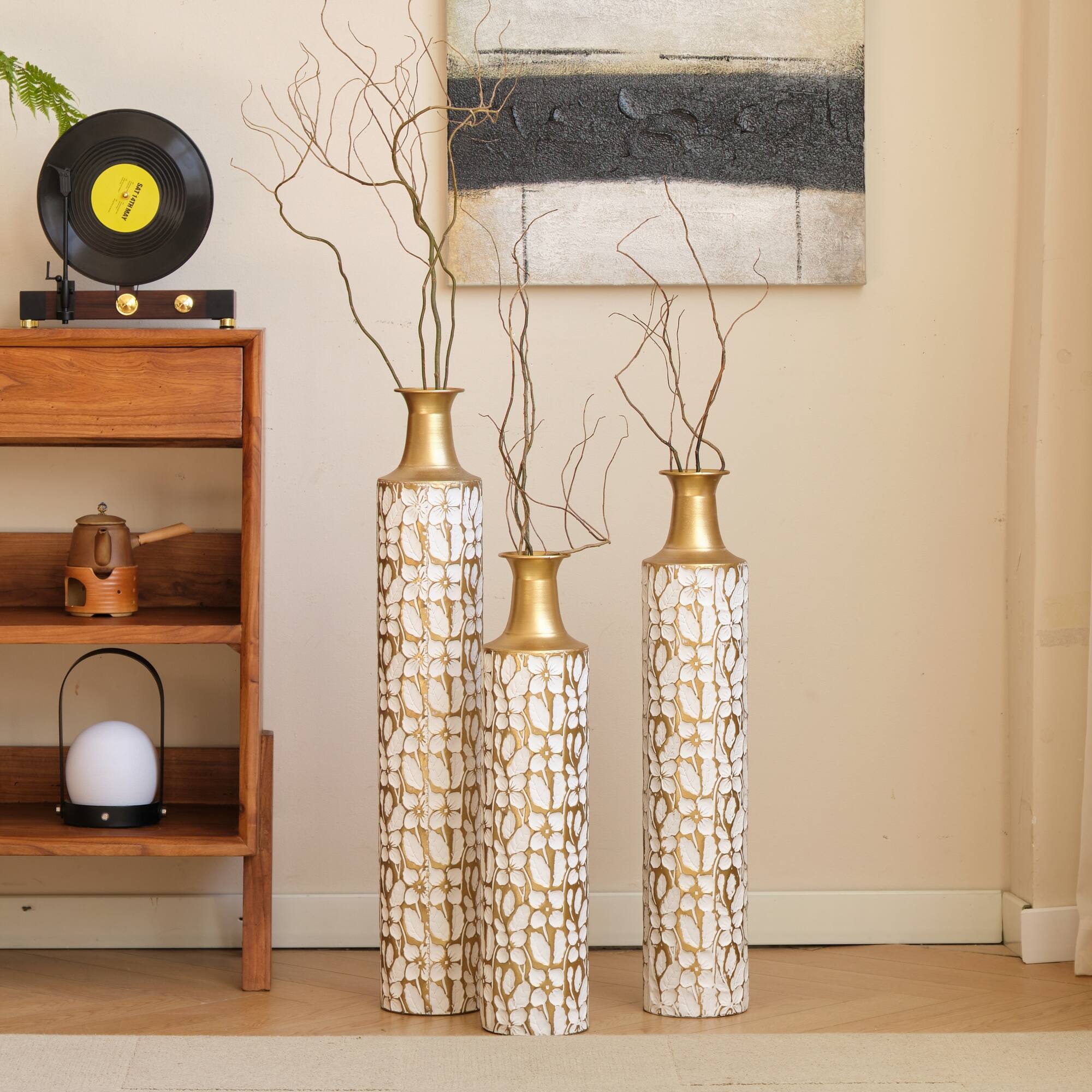 Alt View 7. Boyel Living - Set of 3 Tall Metal Floor Vases with Floral Relief Pattern - Antique White.