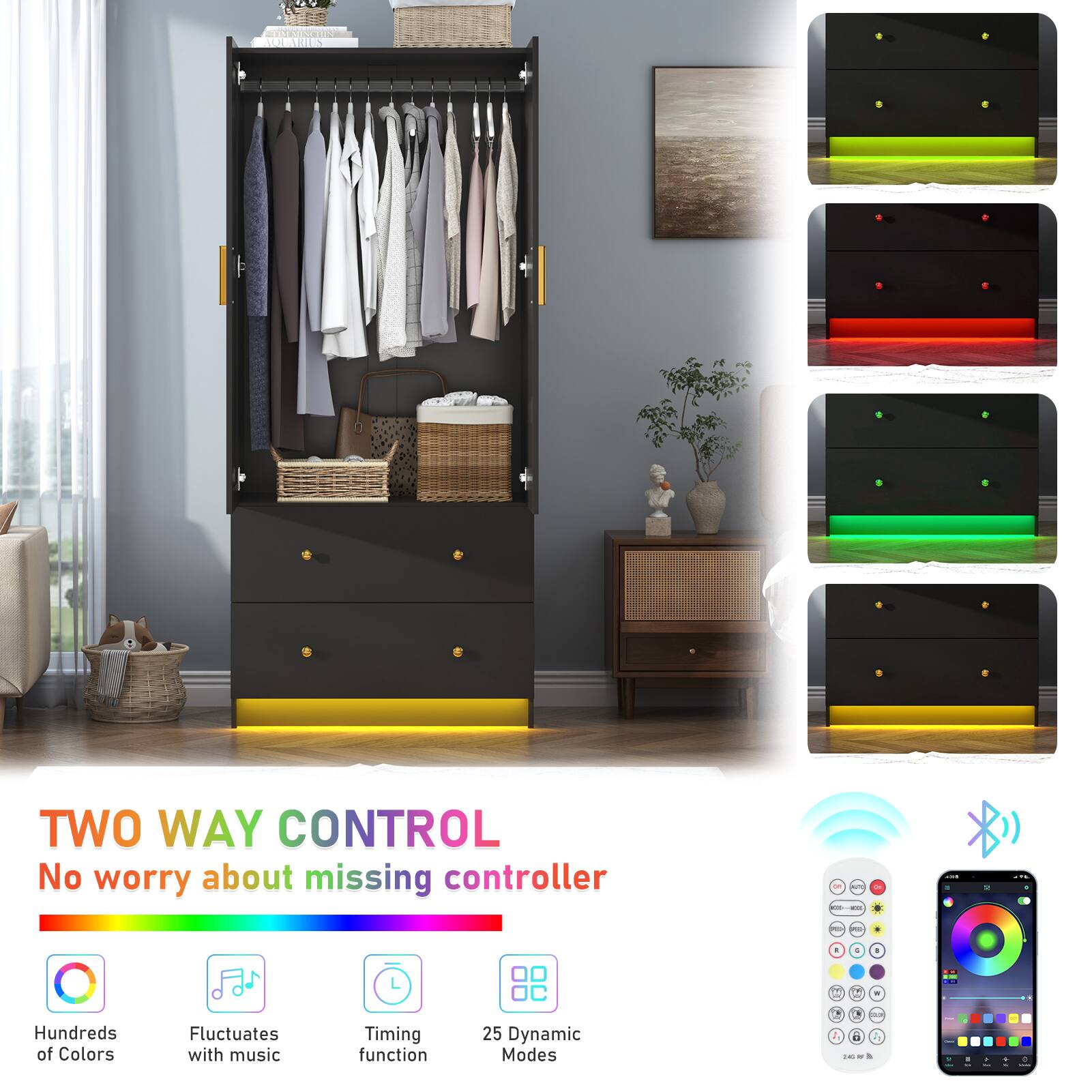 **TWO WAY CONTROL**  
No worry about missing controller

- Hundreds of Colors
- Fluctuates with music
- Timing function
- 25 Dynamic Modes