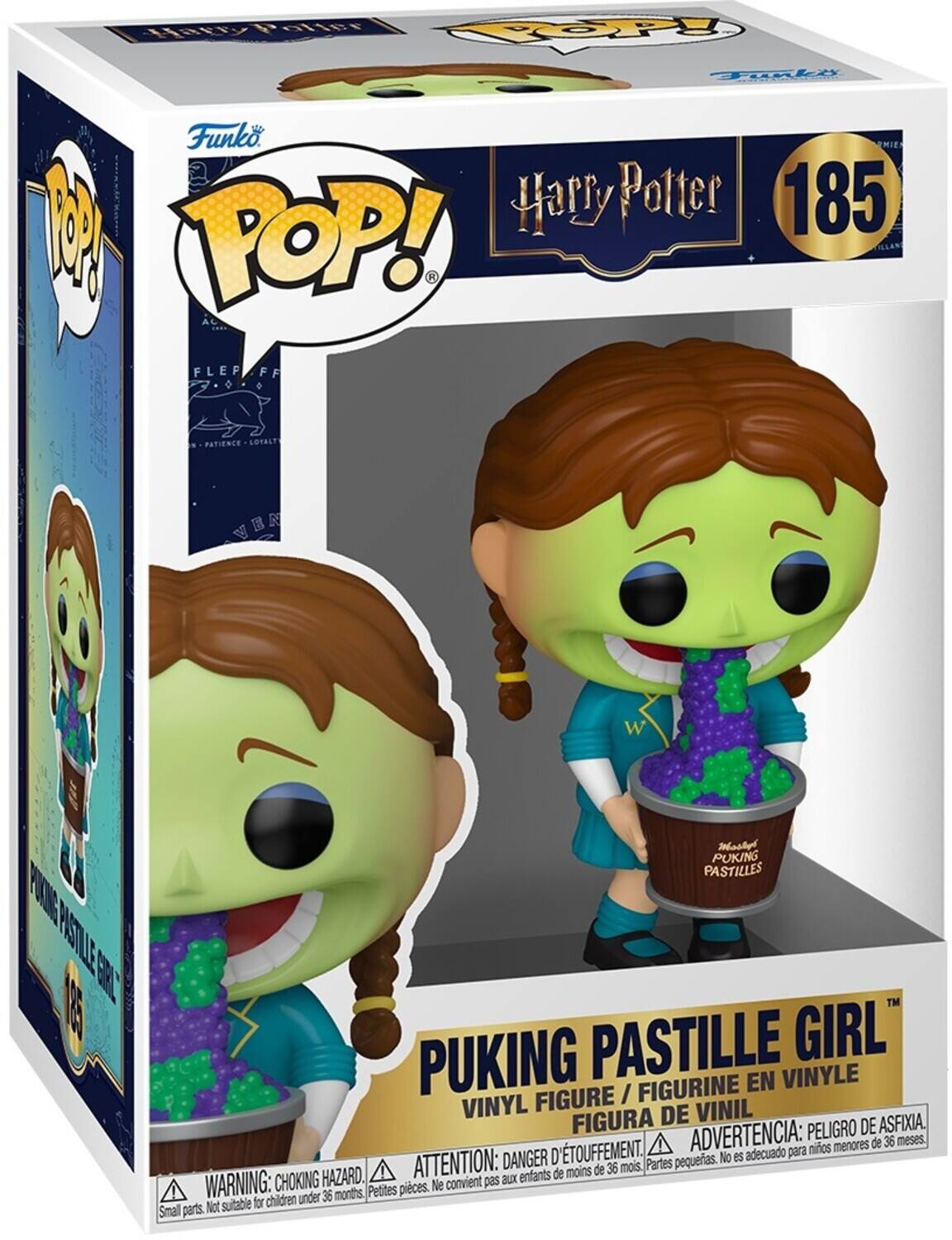 Sure, here is the corrected and grouped text from the image:

---

**Funko POP!**

**Harry Potter 185**

**PUKING PASTILLE GIRL**

**VINYL FIGURE / FIGURINE EN VINYLE / FIGURA DE VINIL**

**WARNING: CHOKING HAZARD. Small parts. Not suitable for children under 36 months.**

**ATTENTION: DANGER D'ÉTOUFFEMENT. Petites pièces. Ne convient pas aux enfants de moins de 36 mois.**

**ADVERTENCIA: PELIGRO DE ASFIXIA. No es adecuado para niños menores de 36 meses.**

**PATIENCE - LOYALTY**

**PUKING PASTILLES**

**PUKING PASTILLE GIRL**

**185**

---

This text includes all the relevant information from the packaging, grouped and corrected for clarity.
