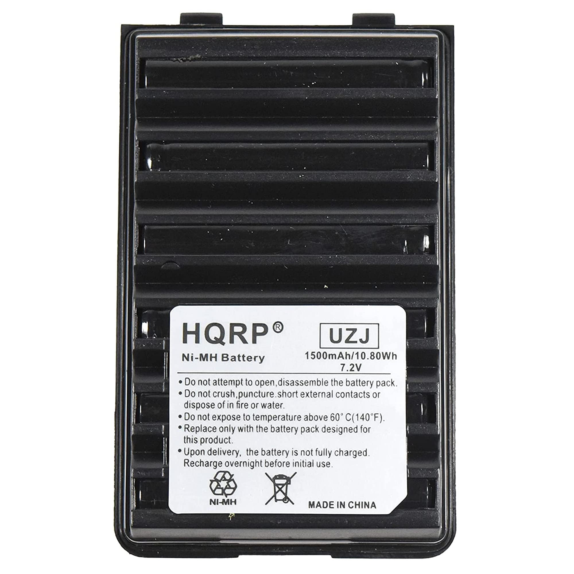 HQRP UZJ Ni-MH Battery 1500mAh/10.80Wh 7.2V

Do not attempt to open, disassemble the battery pack. Do not crush, puncture, short external contacts, or dispose of in fire or water. Do not expose to temperature above 60°C (140°F). Replace only with the battery pack designed for this product. Upon delivery, the battery is not fully charged. Recharge overnight before initial use.

NI-MH MADE IN CHINA