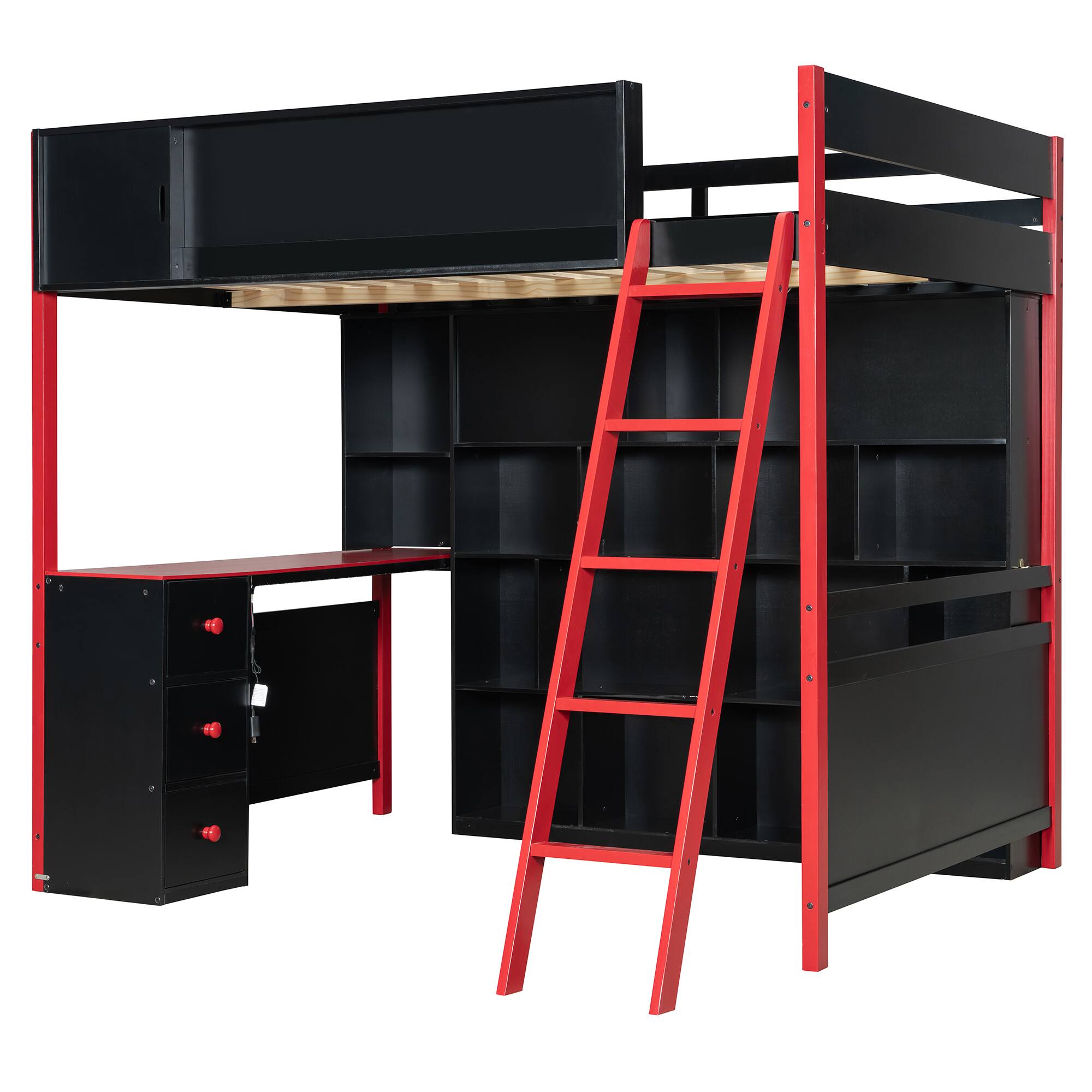 Alt View 1. Anysun - Full Size Wood Loft Bed with Desk, Ample Storage Space and Light - Red.