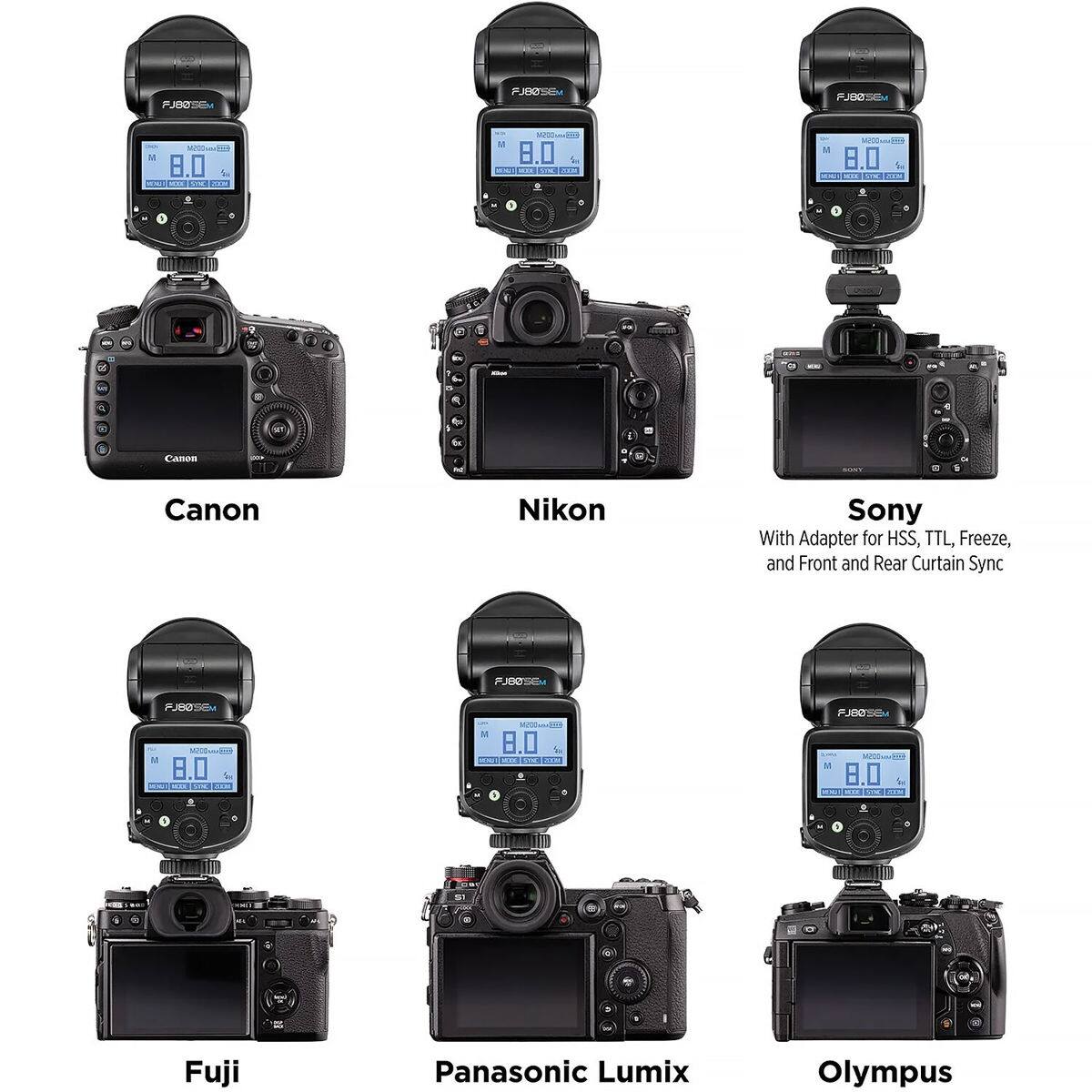 FJ80SEM  
FJ80SE  
8.0 MODE SMC 200M  
M 8.0  
M  
8.0 SINC  
I  

ACC  
4  
Canon  
Canon  
Nikon  
Sony With Adapter for HSS, TTL, Freeze, and Front and Rear Curtain Sync  
FJ8858  
FJ80SE M 8.0 SOL III  
M  
8.0 SINC  
FJ8858 8.0 READ STAC  
SI  
Fuji  
Panasonic Lumix  
Olympus