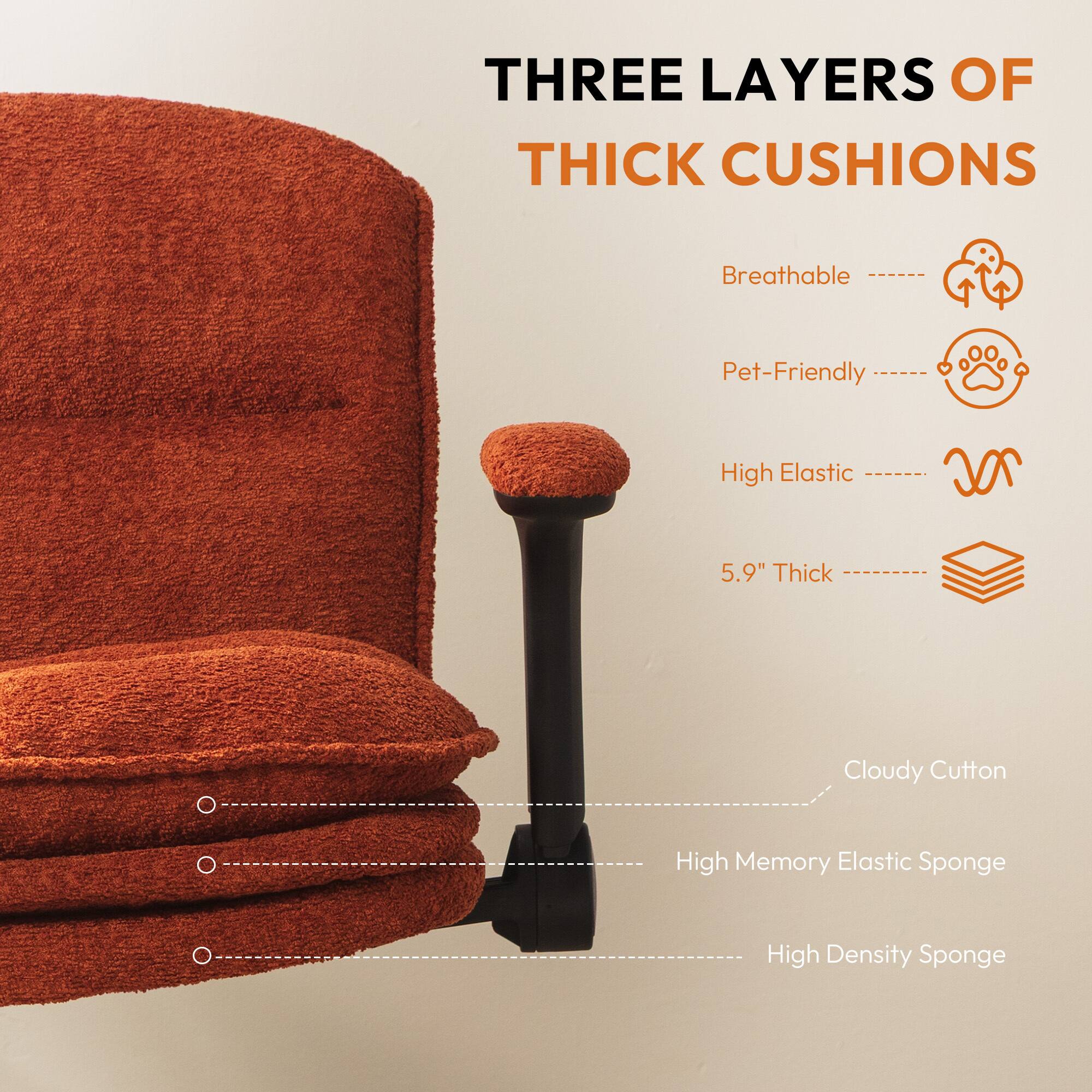 THREE LAYERS OF THICK CUSHIONS

Breathable
Pet-Friendly
High Elastic
5.9" Thick

Cloudy Cotton
High Memory Elastic Sponge
High Density Sponge