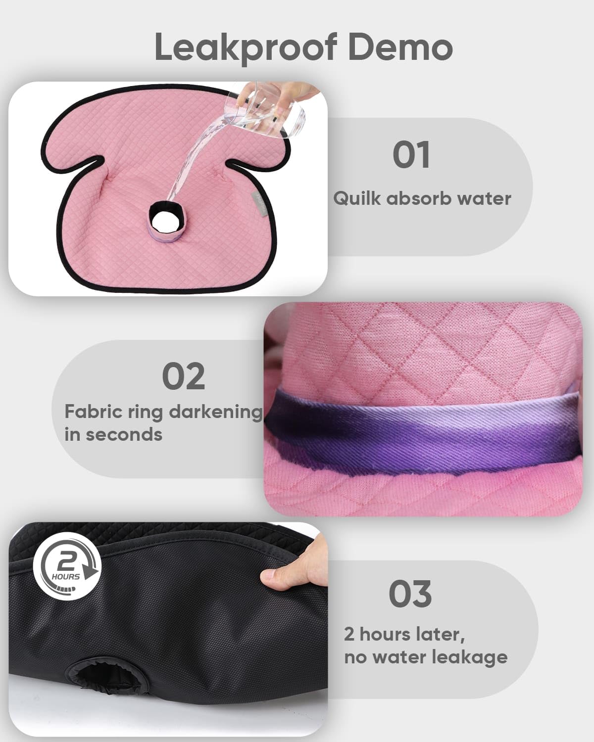 Leakproof Demo

01  
Quilk absorb water

02  
Fabric ring darkening in seconds

03  
2 hours later, no water leakage