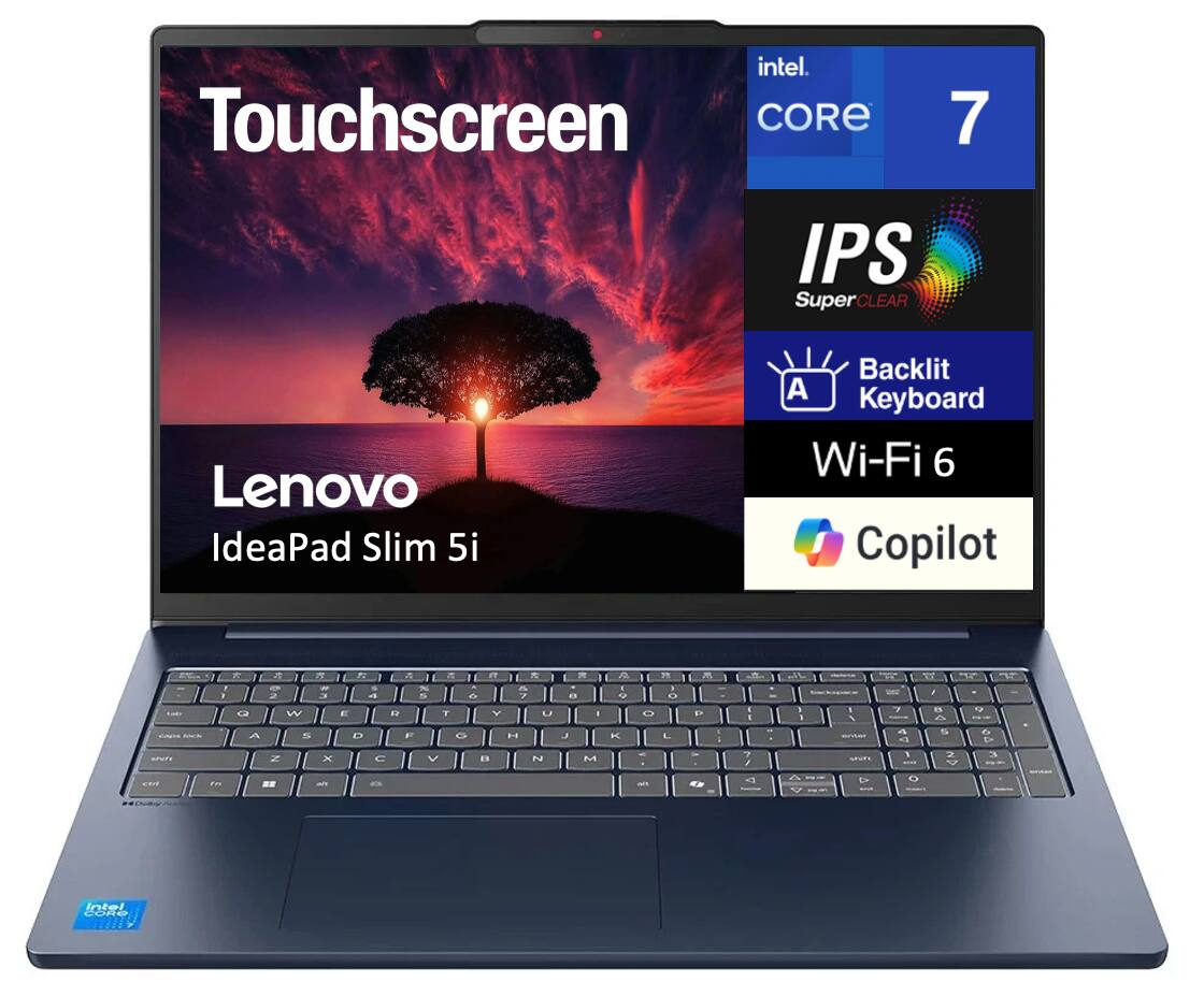 Touchscreen  
Intel Core 7  
IPS SuperClear  
Lenovo IdeaPad Slim 5i  
Backlit Keyboard  
Wi-Fi 6  
Copilot