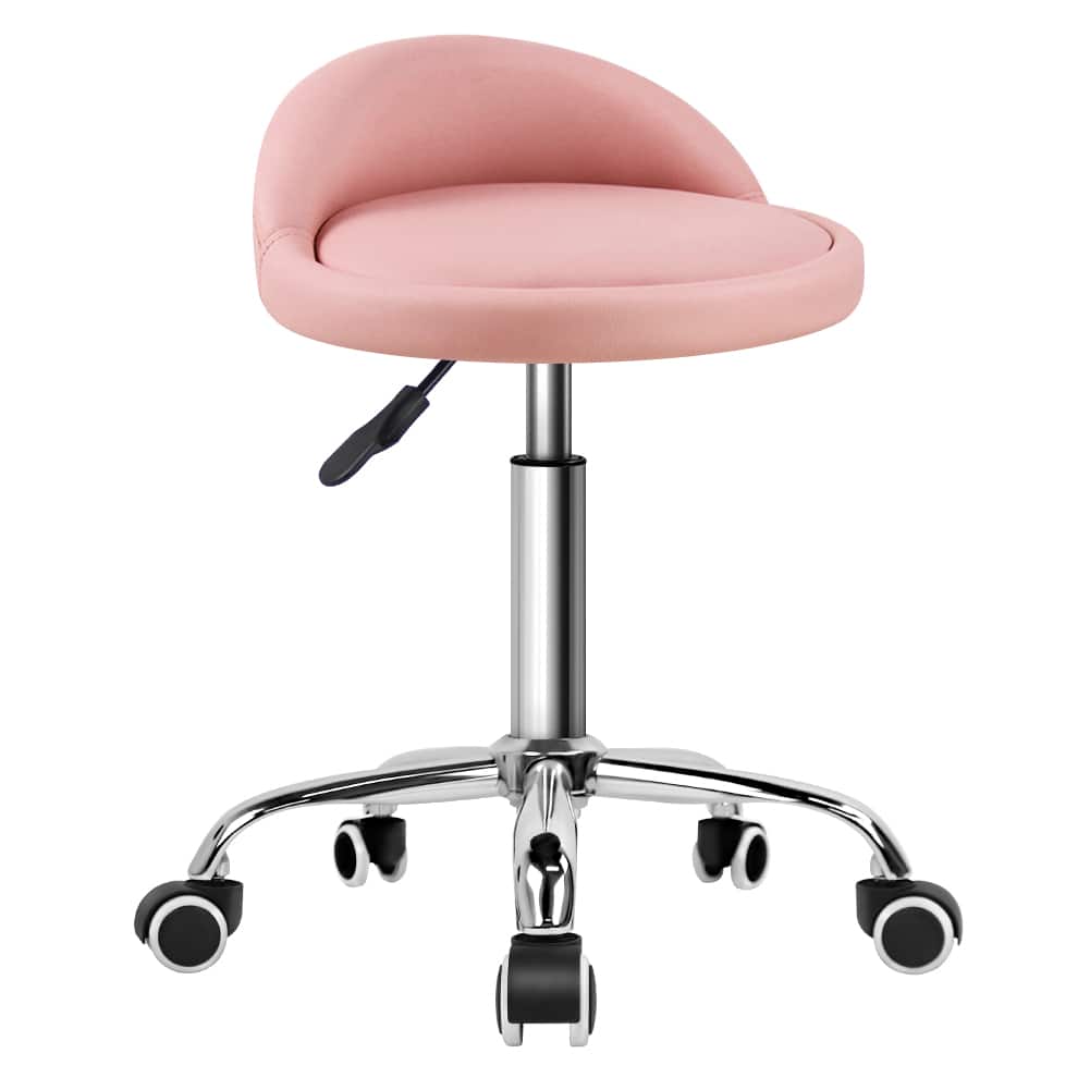 KKTONER - PU Leather Round Rolling Stool with Back Rest Height Adjustable Swivel Drafting SPA Task Chair with Wheels - Pink