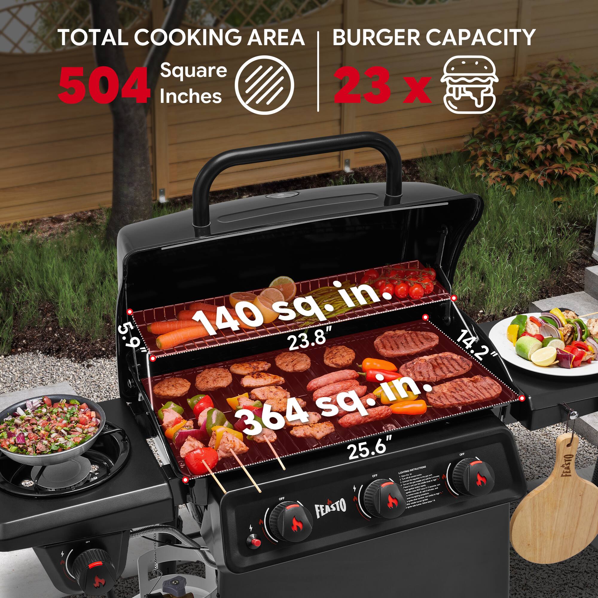 TOTAL COOKING AREA: 504 Square Inches  
BURGER CAPACITY: 23 x 5.9"  
140 sq. in.  
364 sq. in.  
23.8"  
14.2"  
25.6"