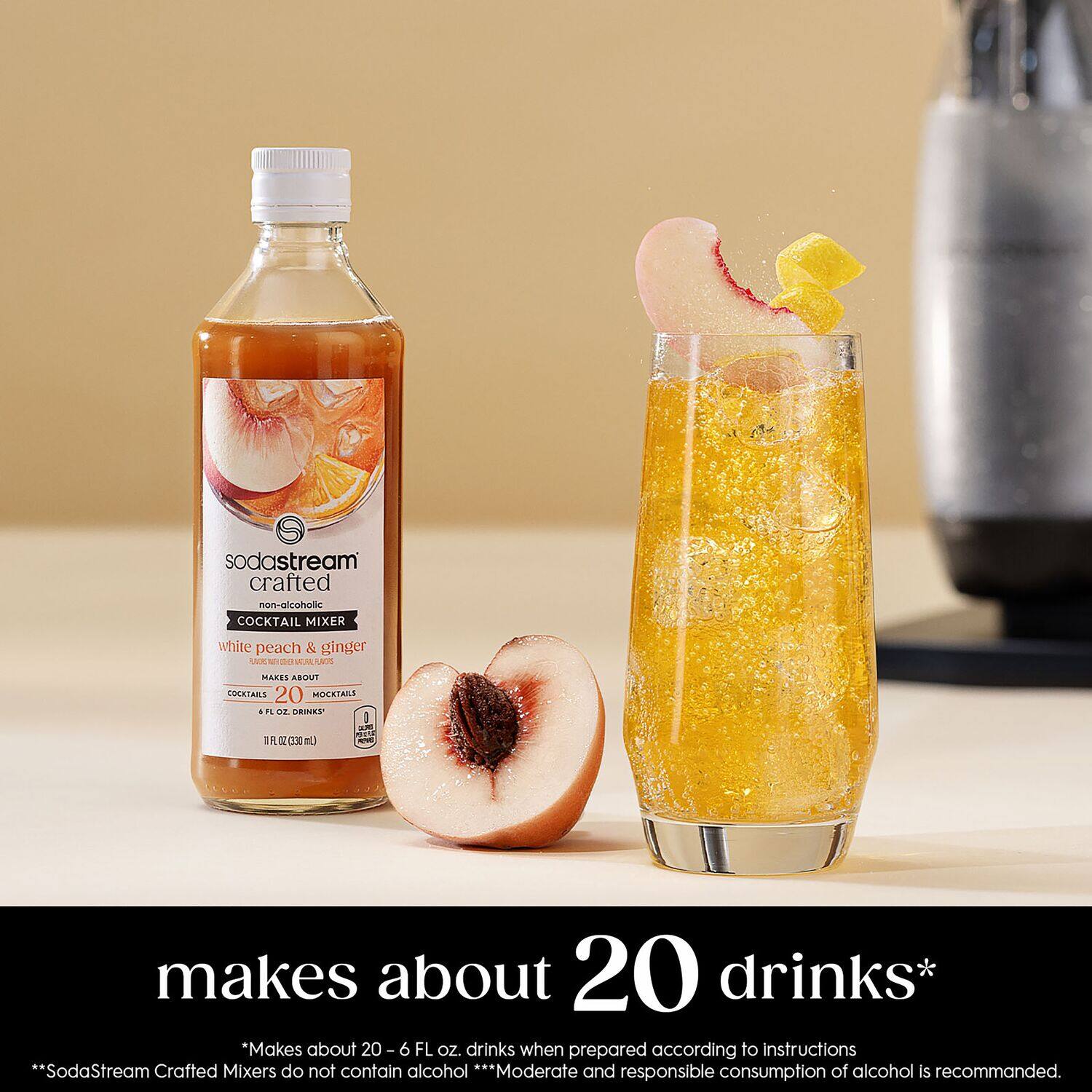 The text on the image reads: "Makes about 20 drinks* "Makes about 20- 6 FL OZ drinks when prepared according to instructions **SodaStream Crafted Mixers do not contain alcohol ***Moderate and responsible consumption of alcohol is recommended."
