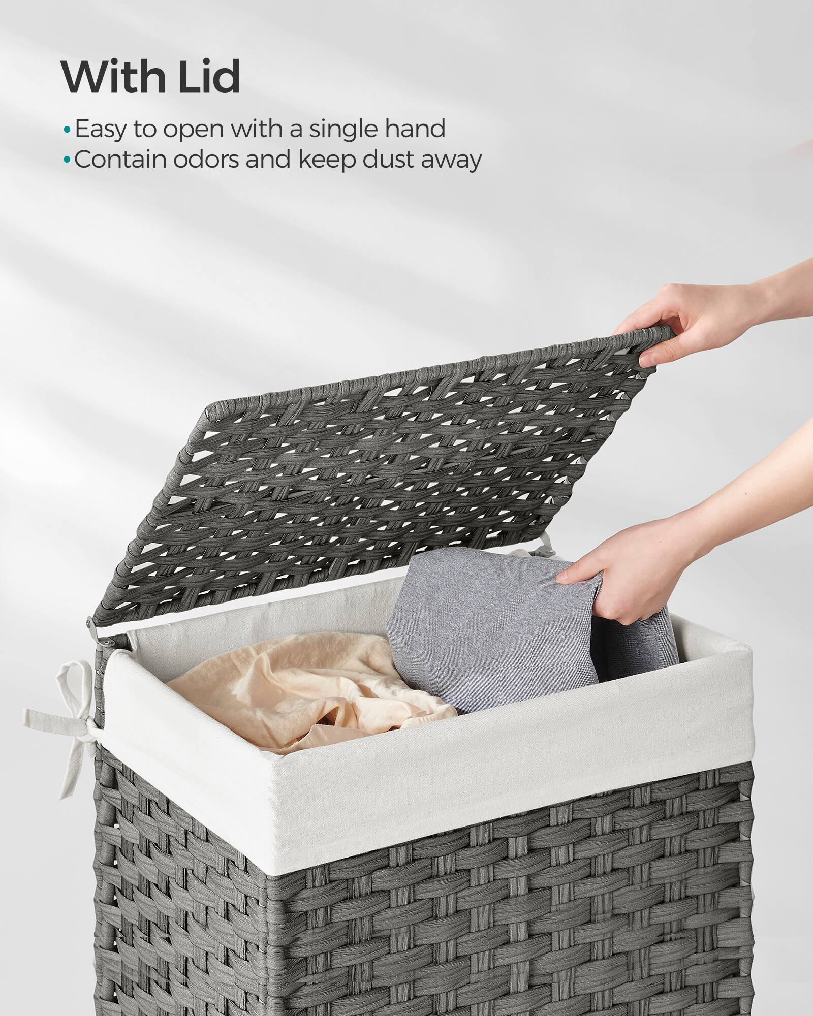 With Lid

- Easy to open with a single hand
- Contain odors and keep dust away