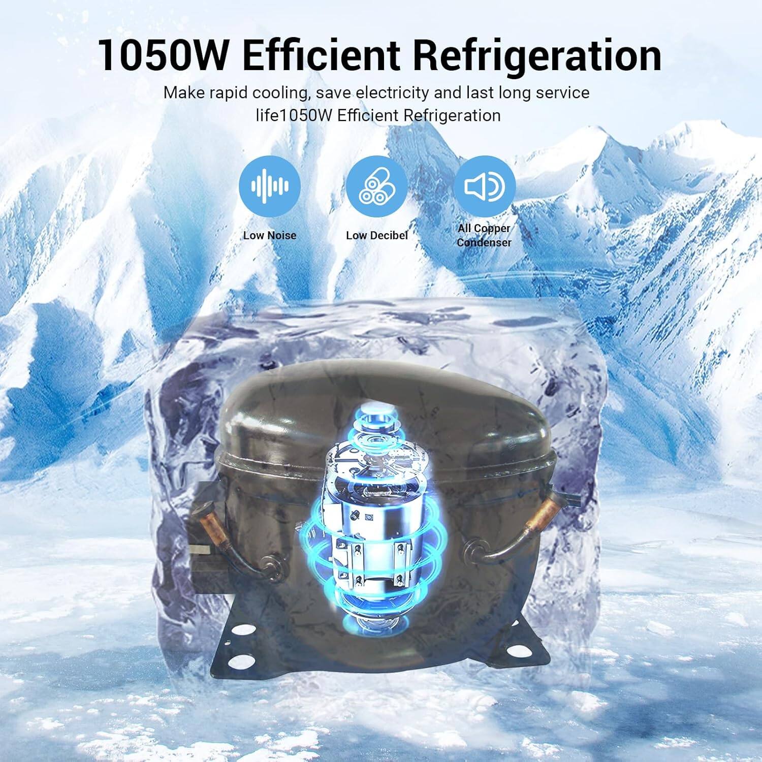 1050W Efficient Refrigeration  
Make rapid cooling, save electricity and last long service life  

- Low Noise  
- Low Decibel  
- All Copper Condenser