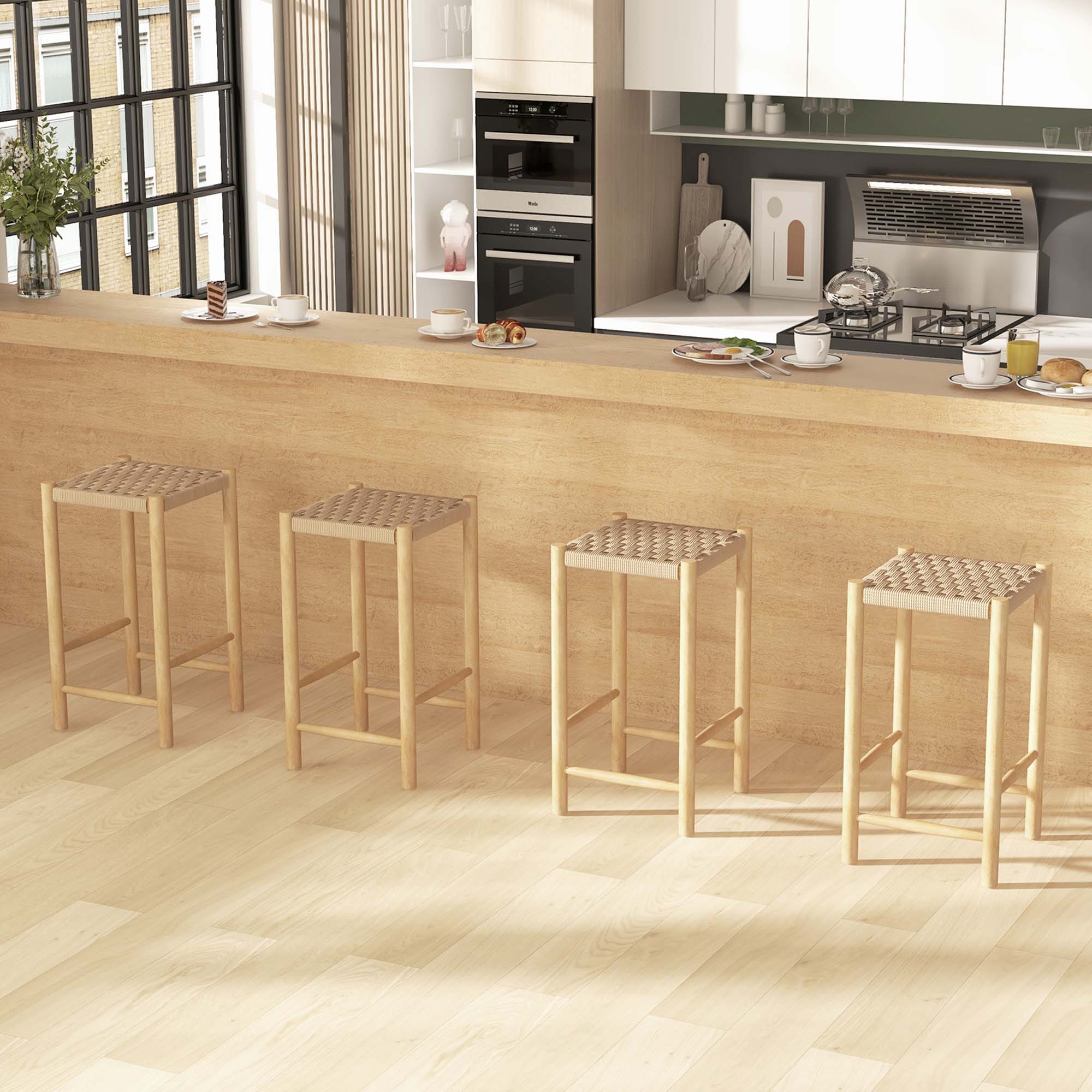 Alt View 1. Costway - 26" Dining Bar Stool Set of 4 Counter Height with Rubber Wood Woven Saddle Seat - Natural.