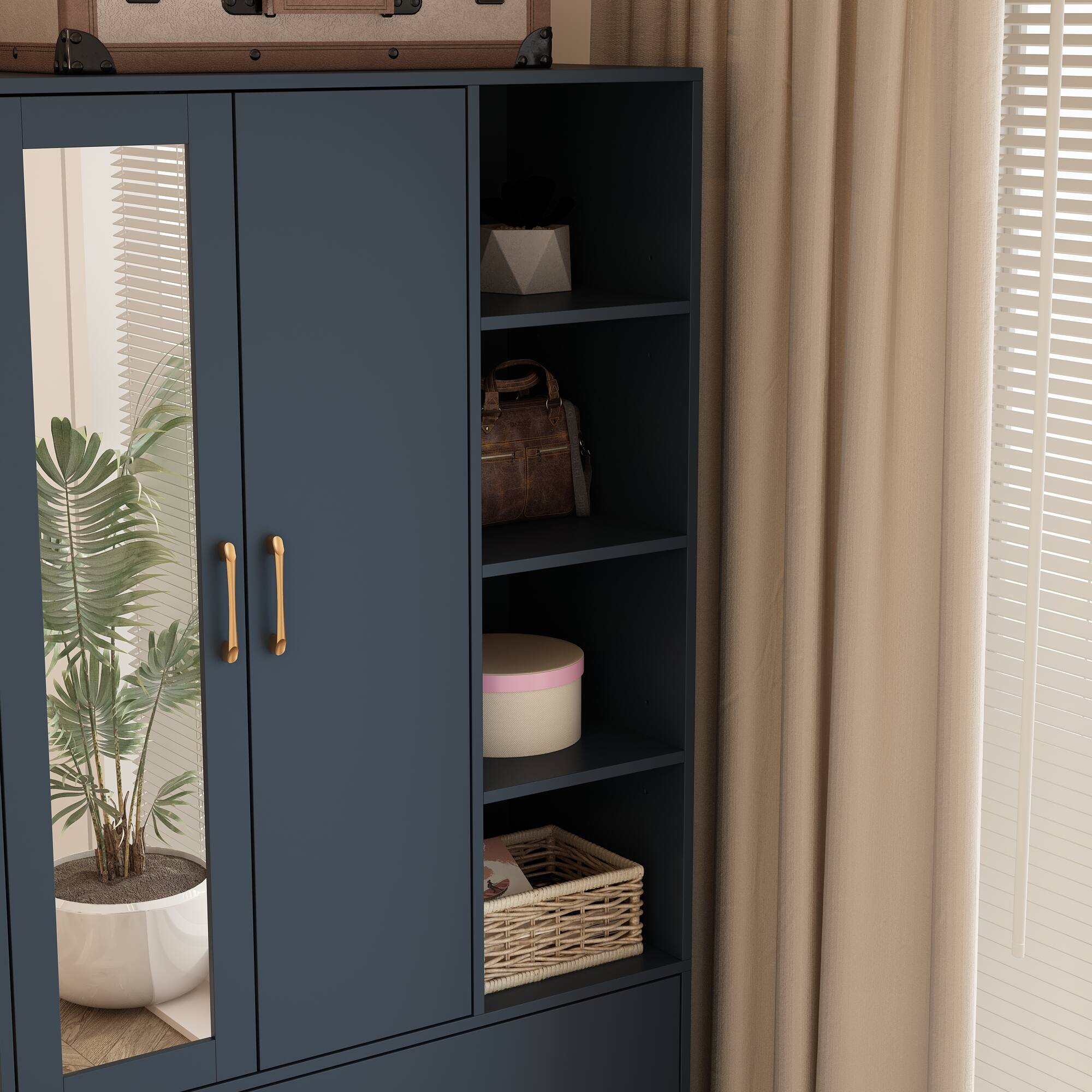Alt View 1. FUFU&GAGA - Small Wardrobe with Mirror for Bedroom Compact Closet with Hanging Rod, Drawer & Open Shelf Space-Saving Storage Cabinet - Dark Blue.