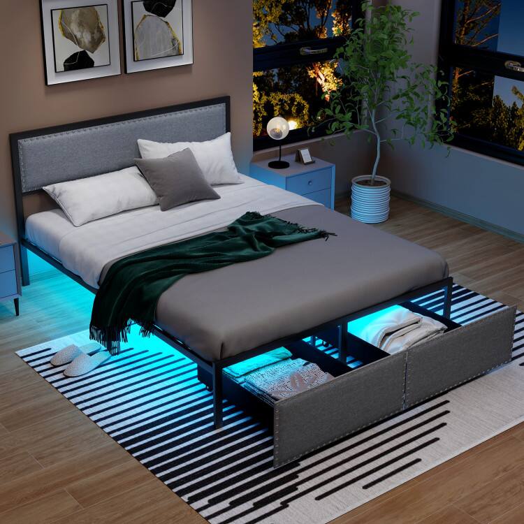 Left. LUCKY ONE - Queen Size Metal Slats Bed Frame with LED Lights and Rolling Drawer - Grey.