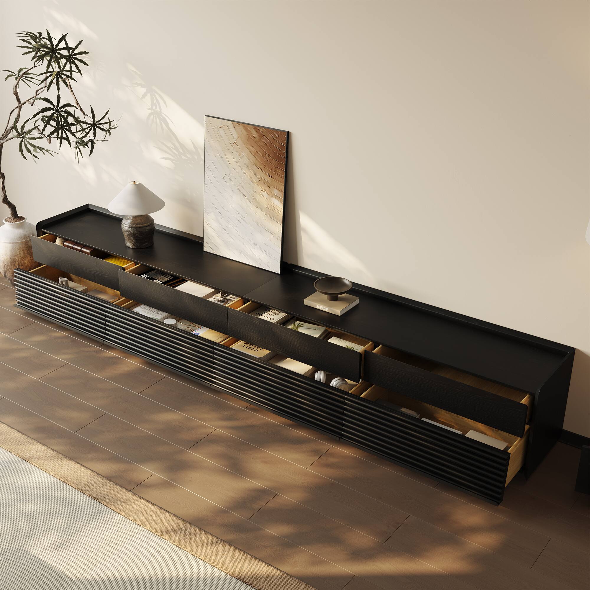 Angle. POVISON - 118"Fully-Assembled Mid-Century TV Stand, Black Modern Cabinet with Adjustable Light, Perfect for 95-inch TVs - Black.