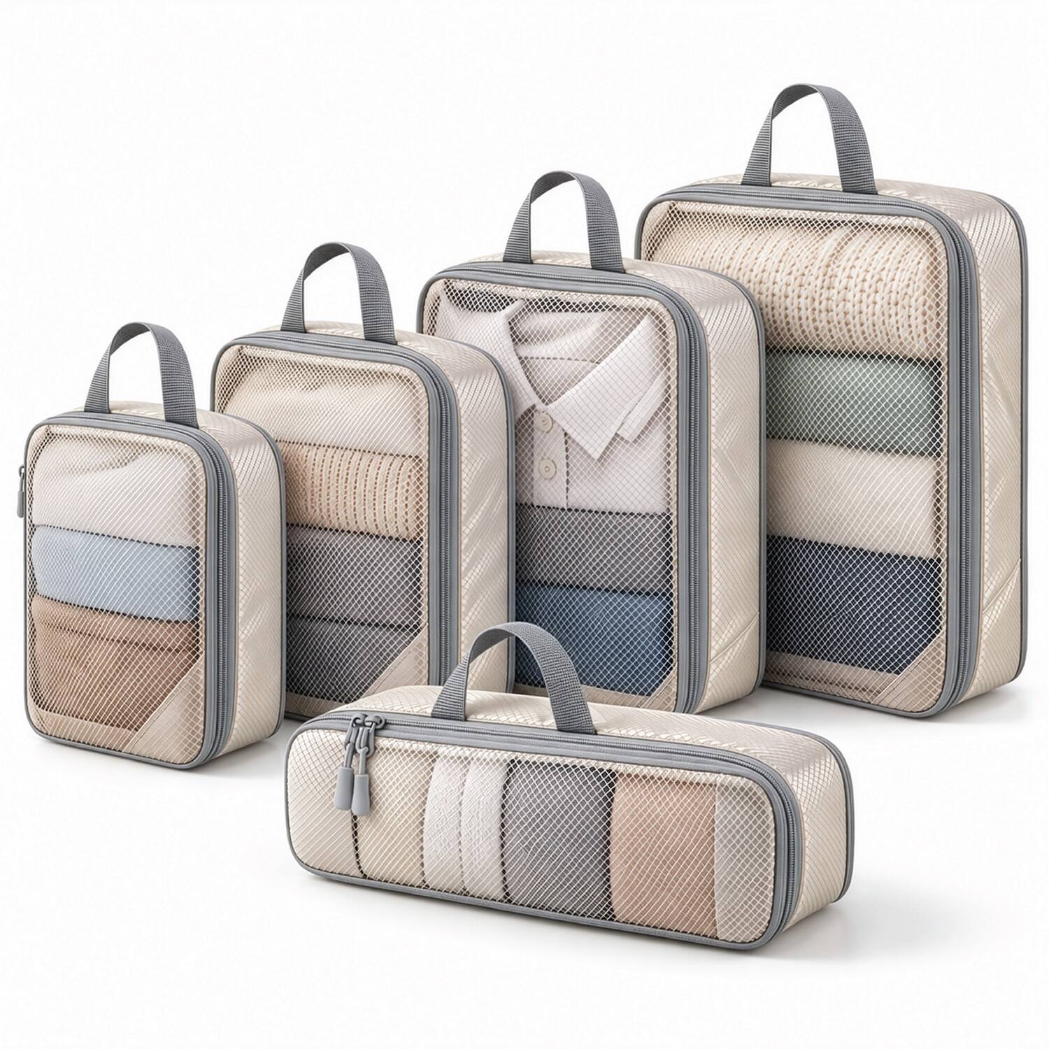 Front. Garnen - 5Pcs Compression Packing Cubes for Travel, Packing Cubes Compression Travel Organizer Bags for Cloths Luggage Expandable - Beige.