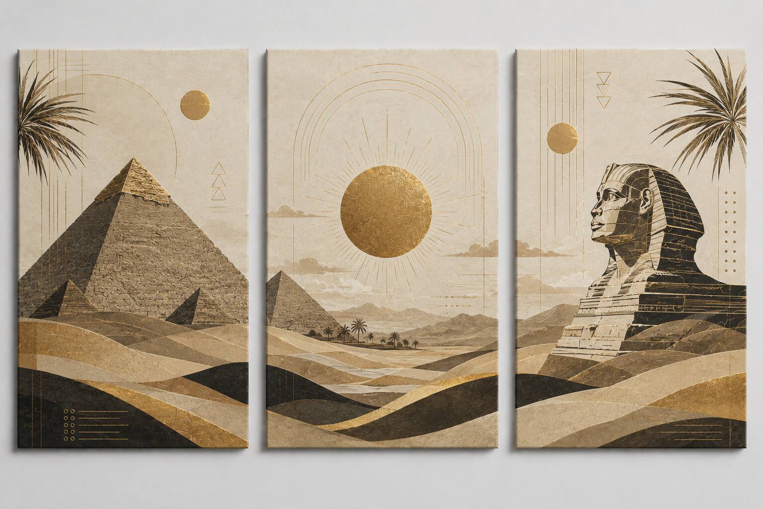Front. FC Design - ICE ARMOR Large set of 3 24x36"- Egypt Pyramid Sphinx Desert Boho Geometric Art Painting Home Wall Décor - MultiColor.