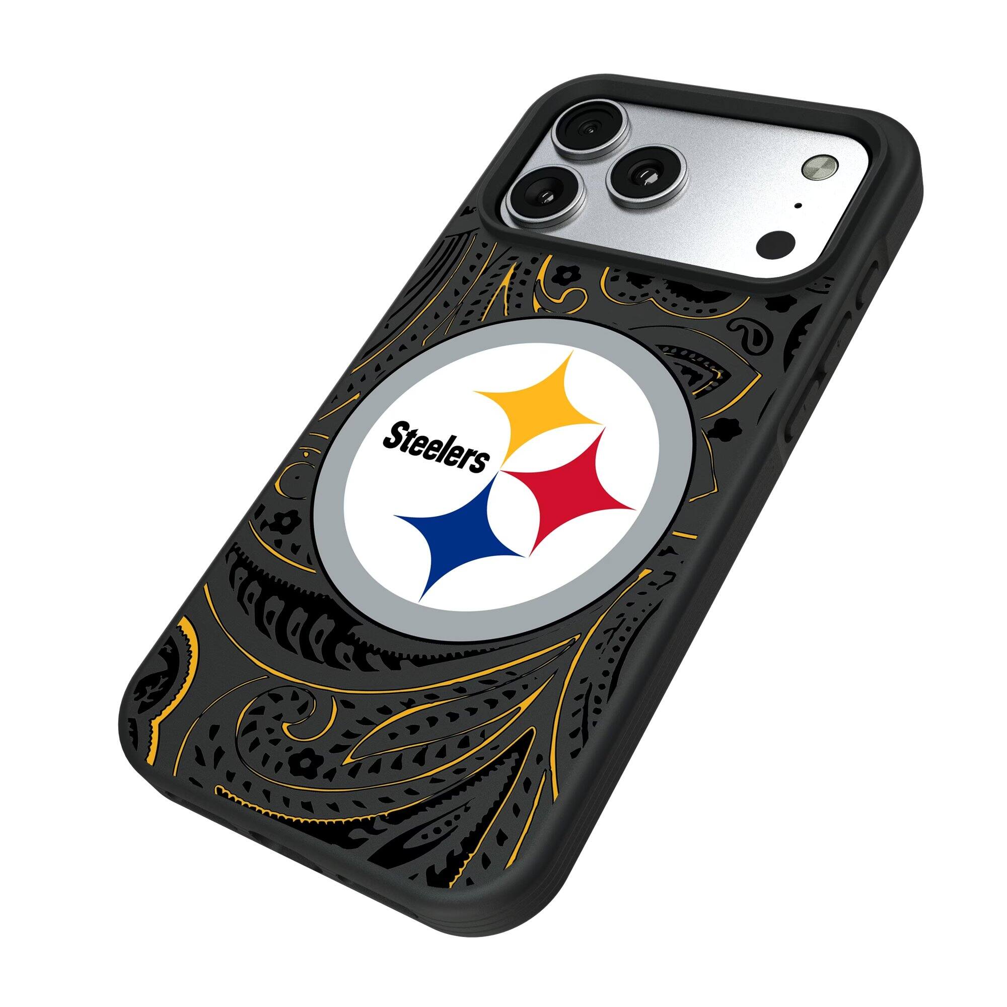 Alt View 1. Keyscaper - Pittsburgh Steelers iPhone Paisley Design Bump Case - 13 mini - Multicolor.