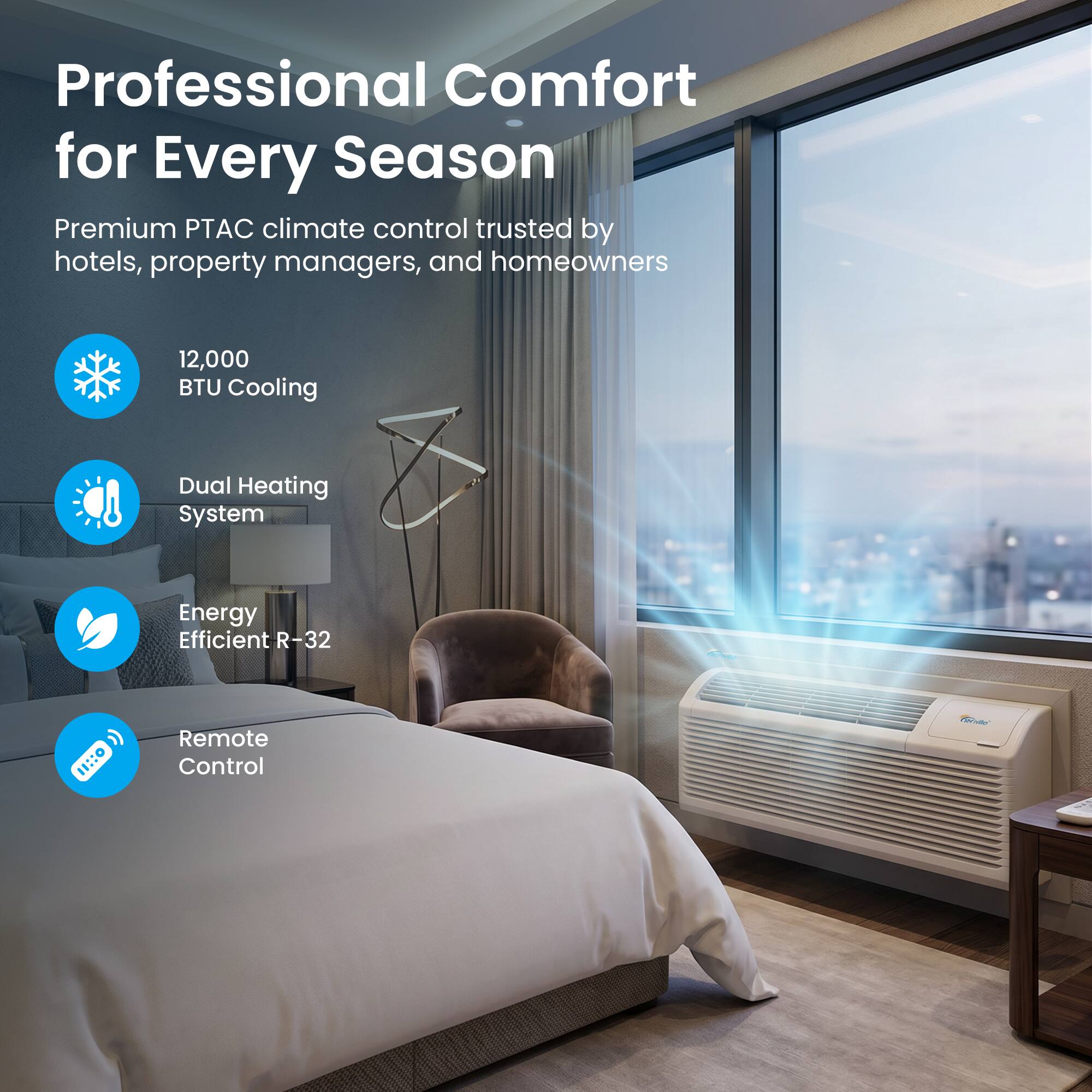 Professional Comfort for Every Season

Premium PTAC climate control trusted by hotels, property managers, and homeowners

- 12,000 BTU Cooling
- Dual Heating System
- Energy Efficient R-32
- Remote Control
