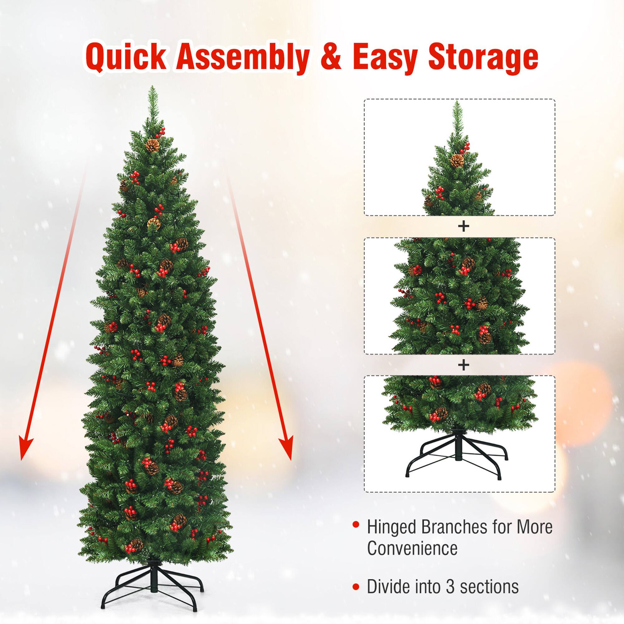 Quick Assembly & Easy Storage

- Hinged Branches for More Convenience
- Divide into 3 sections