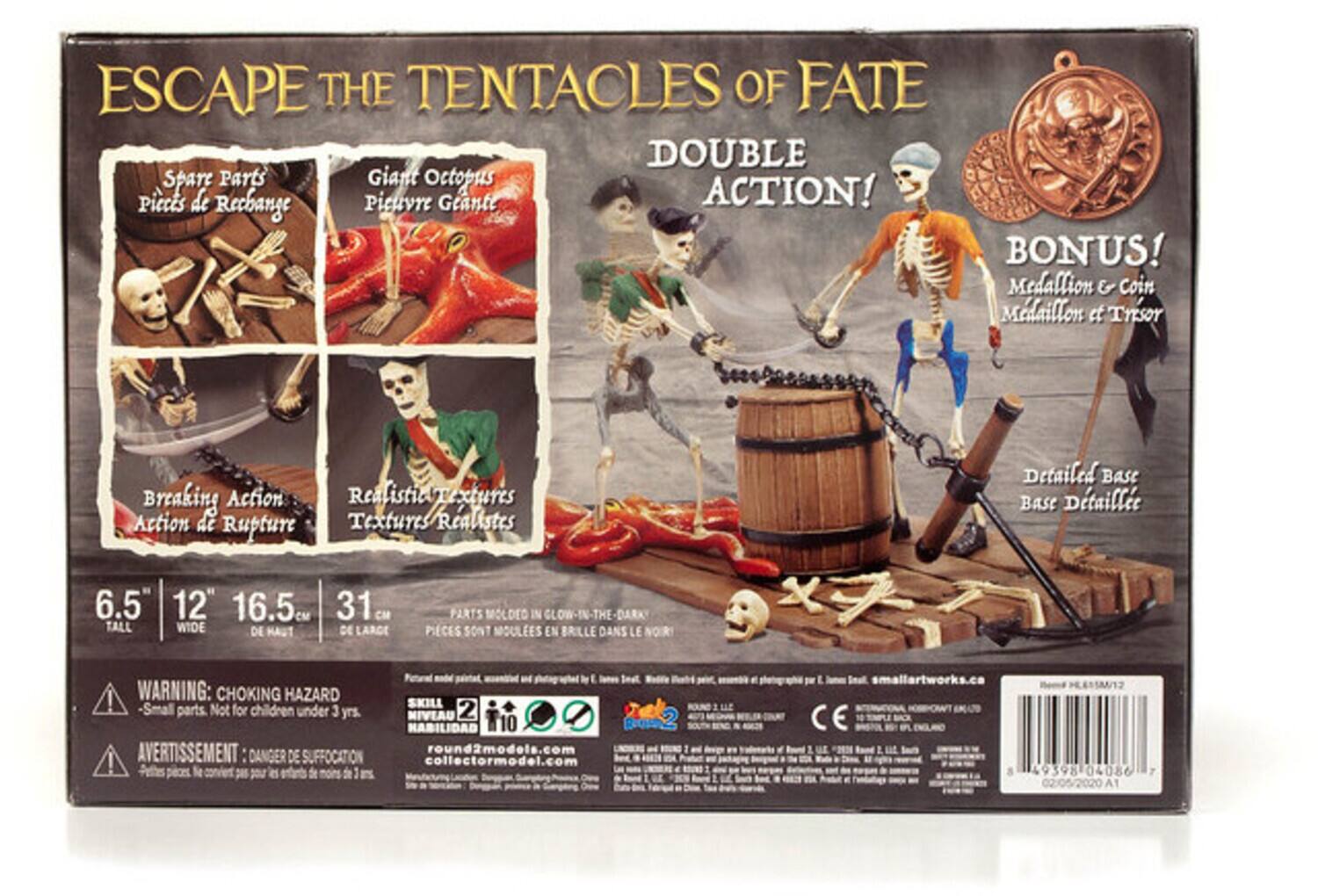 ESCAPE THE TENTACLES OF FATE  
DOUBLE ACTION!  
BONUS! Medallion & Coin  
Breaking Action  
Realistic Textures  
Detailed Base  

6.5" TALL  
12" WIDE  
16.5" DE HAUT  
31 CM DE LARGE  

SPARE PARTS  
Giant Octopus Pieces de Rechange  
Picuture Geante  

PARTS MOLDED IN GLOW-IN-THE-DARK  
PIECES SONT MOULEES EN BRILLANT DANS LE NOIR  

WARNING: CHOKING HAZARD! - Small parts. Not for children under 3 yrs.  
AVERTISSEMENT: DANGER DE SUFFOCATION - Pièces petites. Ne convient pas aux enfants de moins de 3 ans.  

SKILL LEVEL 2  
NIVEAU HABILIDAD 10  

round2models.com  
collectormodel.com  
smallartworks.ca  

CE  
04958-04086-7  
02/05/2020