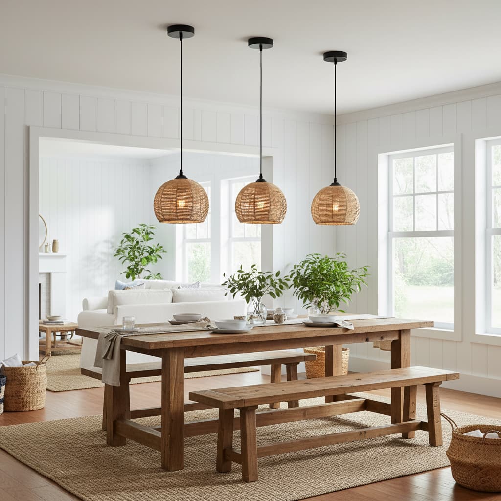 Alt View 4. FINEAK - 3-Pack Natural Wicker Pendant Lights - Boho Rustic Farmhouse Dome Chandeliers, Rattan Hanging Fixtures(Bulb Included) - Natural.