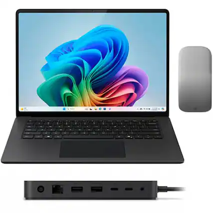 Front. Microsoft - Microsoft Surface Laptop Copilot+ PC + Arc Mouse + Surface Thunderbolt 4 Dock - Black.