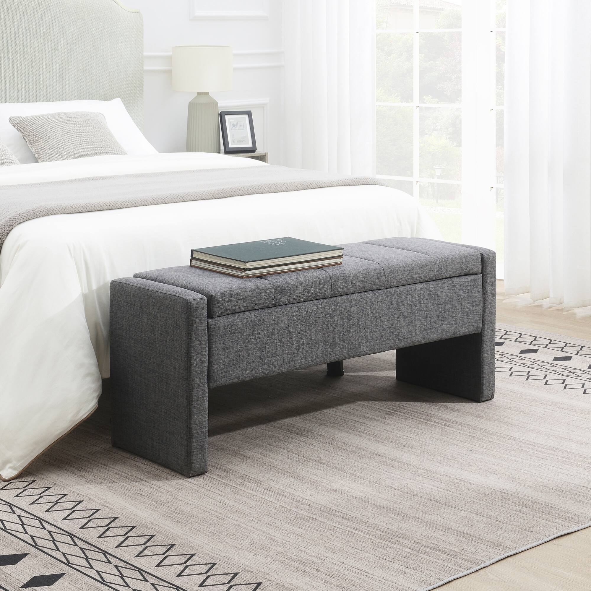 Angle. GOODSILO - Upholstered Storage Bench with Comfortable Linen Fabric, Multi-Functional Footrest Ottoman for Living Spaces - DARK GREY.