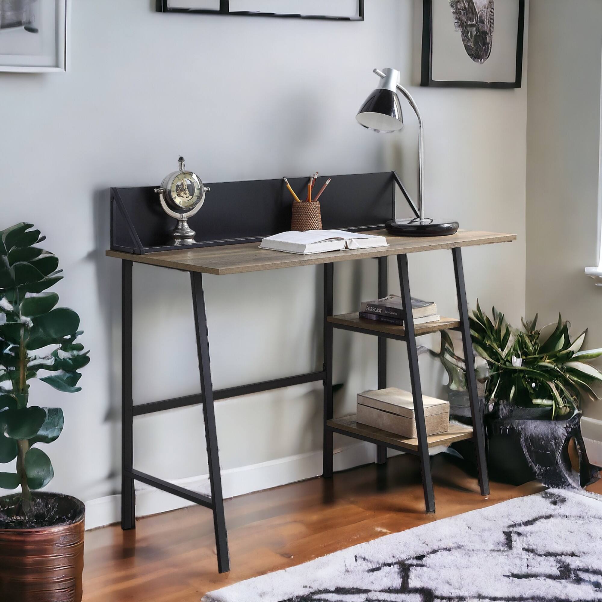 Alt View 4. GOODSILO - Rustic Oak Writing Desk with Black Metal Legs and Integrated Storage Shelf for Modern Home Office - Oak.