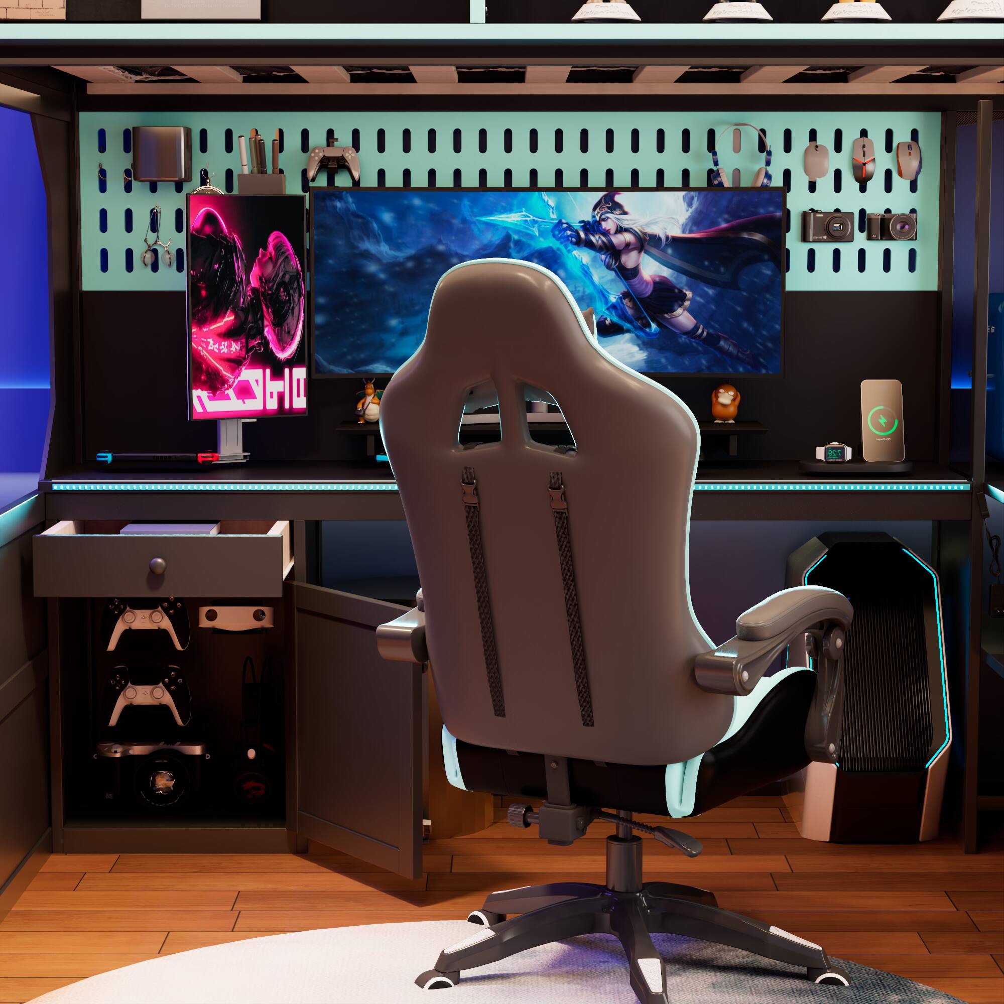 Back. Anysun - Twin Gaming Loft Bed with Integrated Desk & Lights - Wooden Frame, Built-in Charging Station. - Blue.